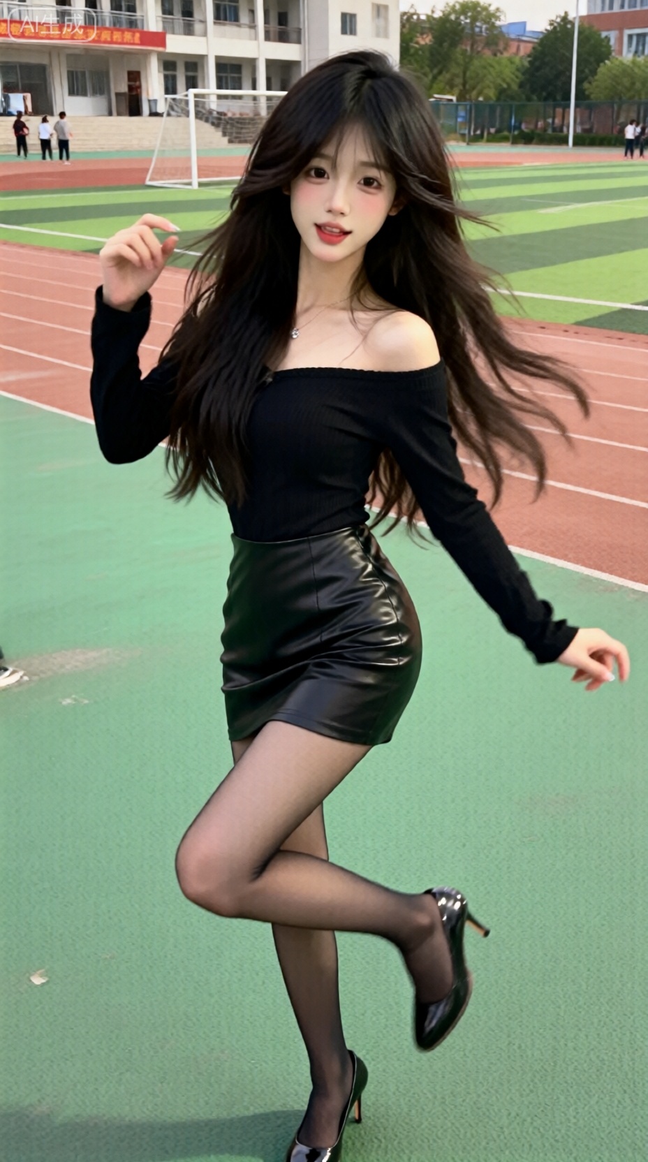 松弛感,权威的脸。手机拍摄风格,一位长发女生在学校操场上跳舞。全身出镜。一字肩长袖包臀裙紧贴身形,黑丝泛着诱人光泽,高跟鞋。背景清晰。