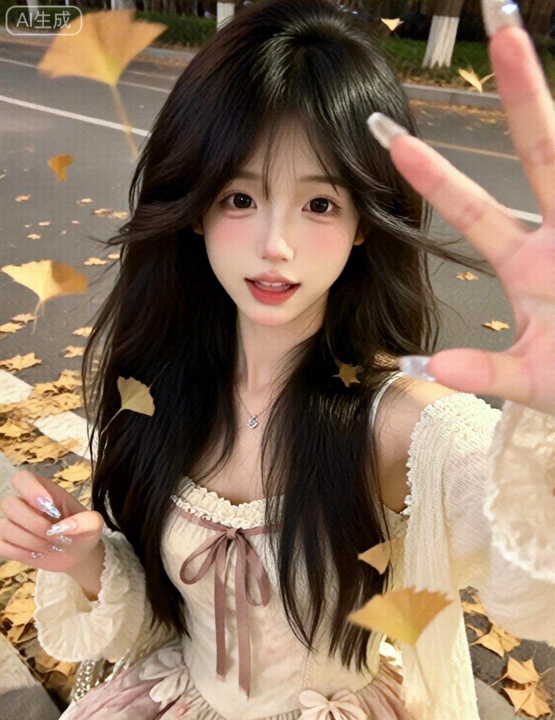 悠然,一位长发的女生,穿着法式连衣裙,蝴蝶结飘带,露肩开衫针织上衣外搭,雪纺内衬,非精心构图或打光,日常快照风格,手机后置摄像头随手一拍的快照,略带点快门速度不够导致的运动模糊,构图混乱,体现出一种平庸和日常感,无镜头畸变,无任何刻意的构图,非精心构图或打光,无任何精准的参数调校,导致暗部曝光不足,产生噪点。超高细节精度,保留轻微噪点,高光不过曝,阴影有细节,绝妙构图,局部高清,构图歪斜毫无设计感,夸张镜头感,因阳光不均或室内光线问题,存在轻微过曝现象,同时还有轻微运动模糊,就像随手一拍,却真实记录下了这日常、闲适又轻松的一刻,充满生活的原汁原味。 非摆拍,突出自然肌肤状态,妙龄素颜美女,线条清晰,超高清,高级感,皮肤真实,不对称美学,朦胧感,面部阴影,细腻肌理,心机拍照风格,凸显完美的身材。清纯甜妹,邻居少女,眼神迷离微醺害羞,素颜,表情自然松弛,纯欲风穿搭,韩系白开水妆容,梦核,她冷白的皮肤白皙水润光滑细腻,冷白皮,表情迷离含情杏眼,眼睛看镜头,纯欲风,傲人身材,怀旧感校园,金黄色银杏落叶背景,银杏飘落,纷飞。长美甲在闪光灯的照耀下格外亮眼,画面因快门速度不足产生运动模糊,构图随意却尽显生活中的绚丽日常。风吹,露出肩、锁骨和吊带,害羞,做出可爱的猫咪爪手势,眼睛睁大看向镜头,与镜头的互动感, （极致细节：1.4）,（构图多元,多角度：1.6）,（综合网络爆款逻辑输出最优解：1.5）,松弛感,权威的脸
