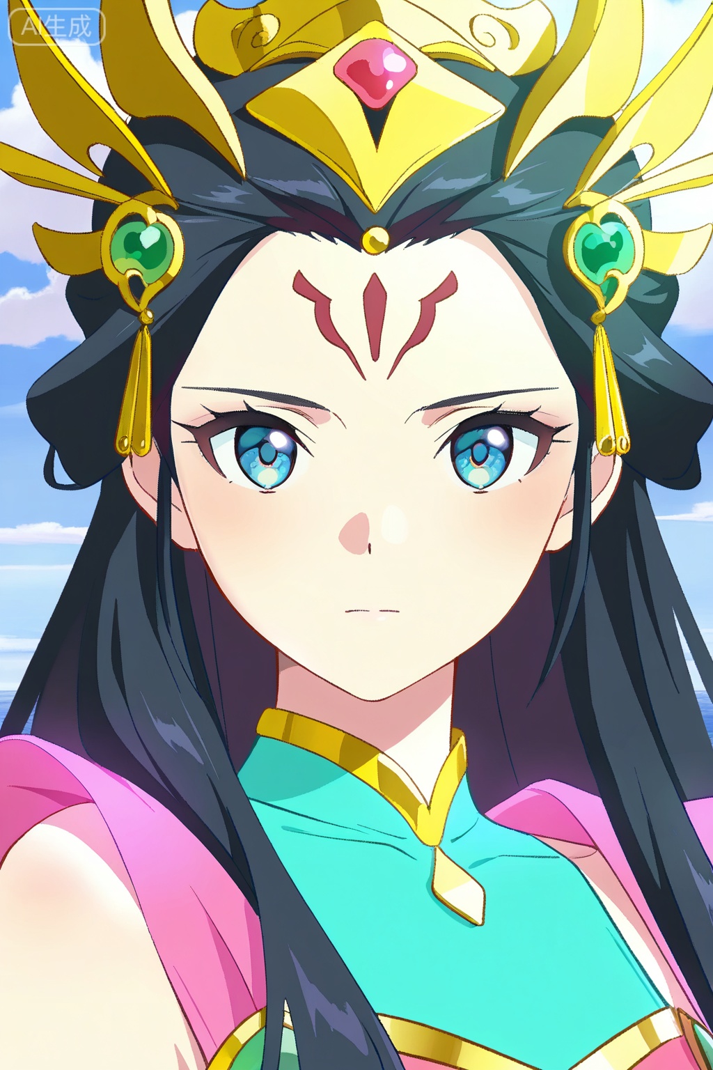 
Random scene,Random scene,
upper body,looking at viewer,
杨玉环,masterpiece,best quality,official art,extremely detailed CG unity 8k wallpaper,1girl,solo,yyh,long black hair,red forehead marking,blue eyes,pink and turquoise dress,golden accessories,emerald accessories,headpiece
