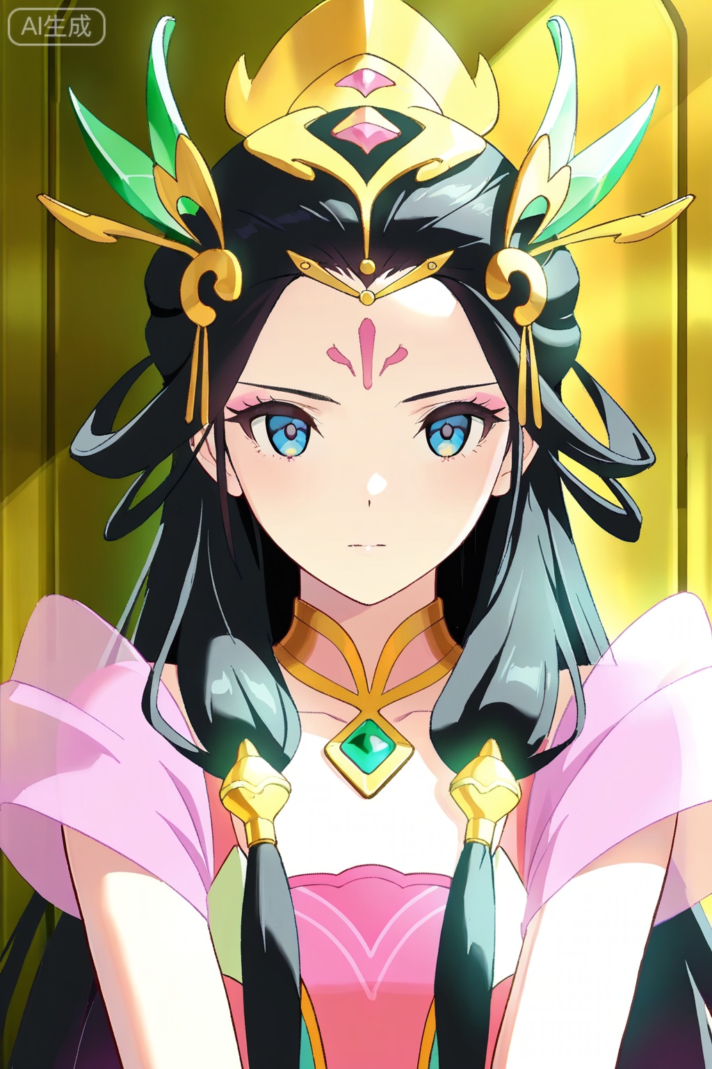 
Random scene,Random scene,
upper body,looking at viewer,
杨玉环,masterpiece,best quality,official art,extremely detailed CG unity 8k wallpaper,1girl,solo,yyh,long black hair,red forehead marking,blue eyes,pink and turquoise dress,golden accessories,emerald accessories,headpiece