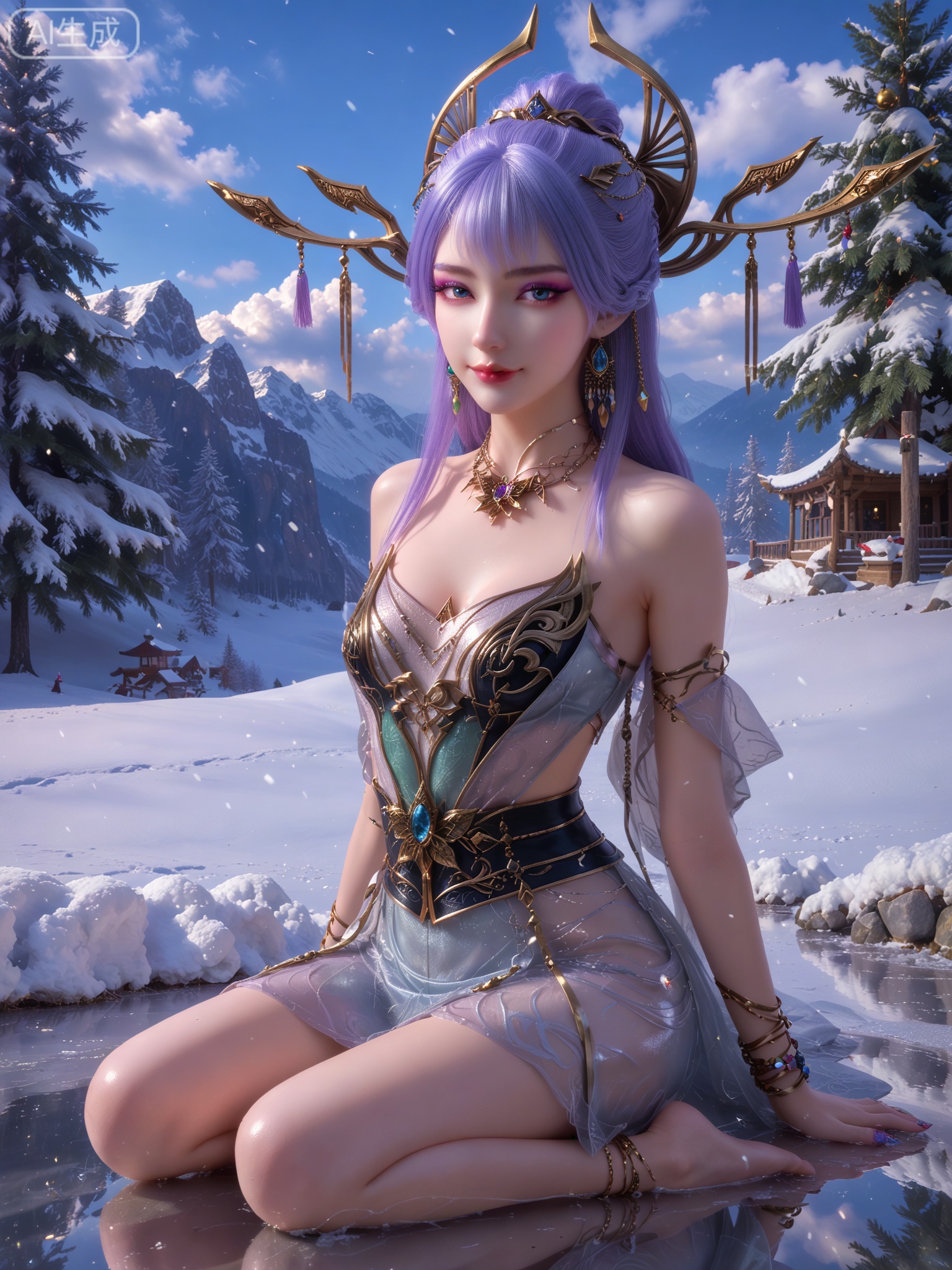 score_9,score_8_up,score_7_up,masterpiece,(best quality),(intricate details:0.9) BREAK (intricate details:0.9),(realistic skin:1.2),masterpiece,best quality,newest,absurdres,hiahres,1girl,solo,jewelry,hair ornament,dress,necklace,lips,eyeshadow,bracelet,tassel,(8k ultra-clear, pony style),photo pose 0.6, micro-expression: soft smile 0.3, half-body + medium shot 0.7,1girl,solo.looking_at_viewer,realistic,photorealistic,Vivid Colors,bright environment,shiny skin,shiny hairjewelry,detail eyes,Eyes highlights,glowing,sunshine,bright,reflection,bright,sunshine on face,shiny,shinny,petite,thin,leg slimming,lose weight,slim hips,lakeside,delicate water,reflection,(full body:1)sitting_down,eyelashes,snow,Winter,Snowy landscape,Snow accumulation,Christmas tree,