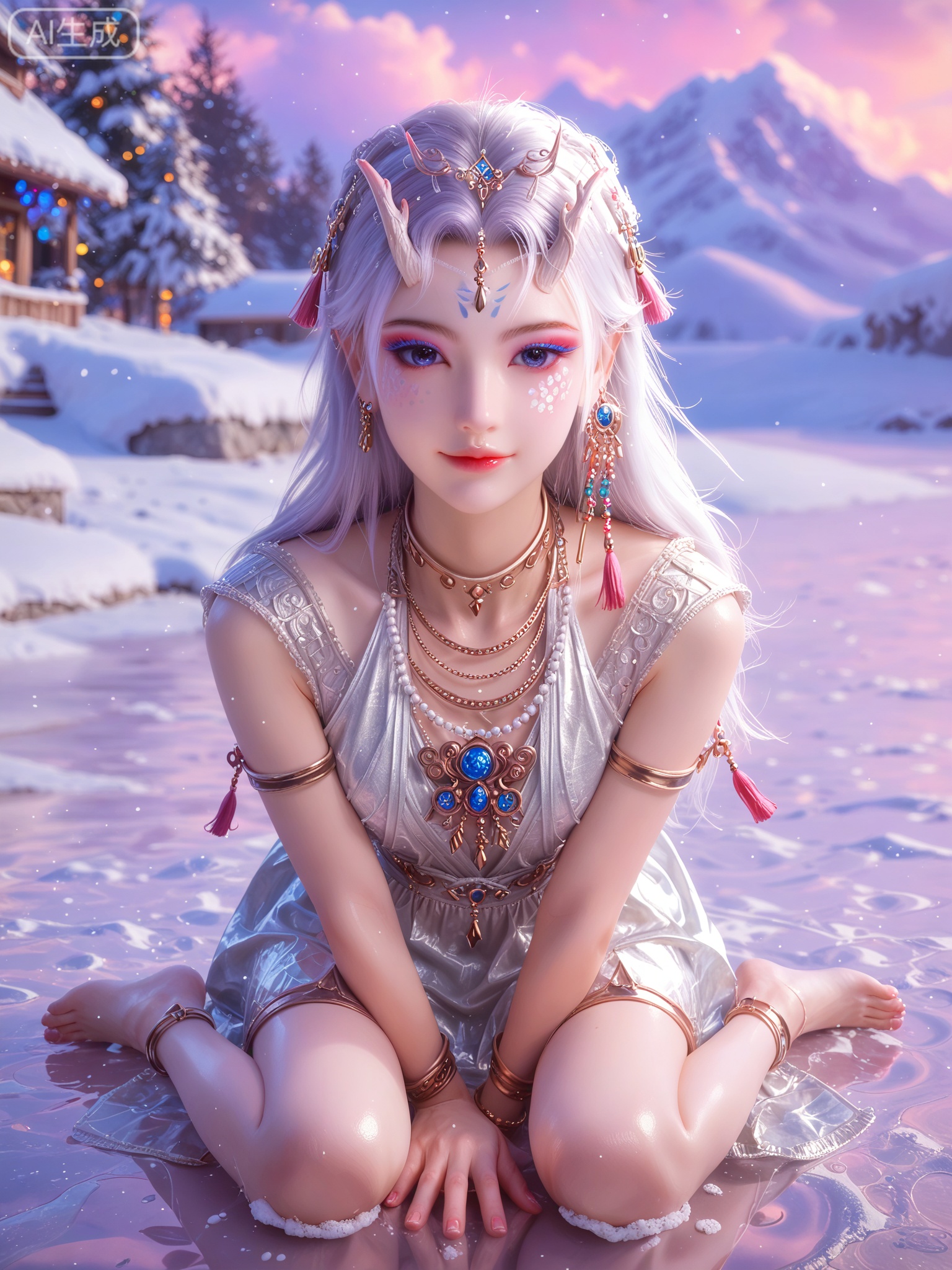 score_9,score_8_up,score_7_up,masterpiece,(best quality),(intricate details:0.9) BREAK (intricate details:0.9),(realistic skin:1.2),masterpiece,best quality,newest,absurdres,hiahres,1girl,solo,jewelry,hair ornament,dress,necklace,lips,eyeshadow,bracelet,tassel,(8k ultra-clear, pony style),photo pose 0.6, micro-expression: soft smile 0.3, half-body + medium shot 0.7,1girl,solo.looking_at_viewer,realistic,photorealistic,Vivid Colors,bright environment,shiny skin,shiny hairjewelry,detail eyes,Eyes highlights,glowing,sunshine,bright,reflection,bright,sunshine on face,shiny,shinny,petite,thin,leg slimming,lose weight,slim hips,lakeside,delicate water,reflection,(full body:1.5)sitting_down,eyelashes,snow,Winter,Snowy landscape,Snow accumulation,Christmas tree,