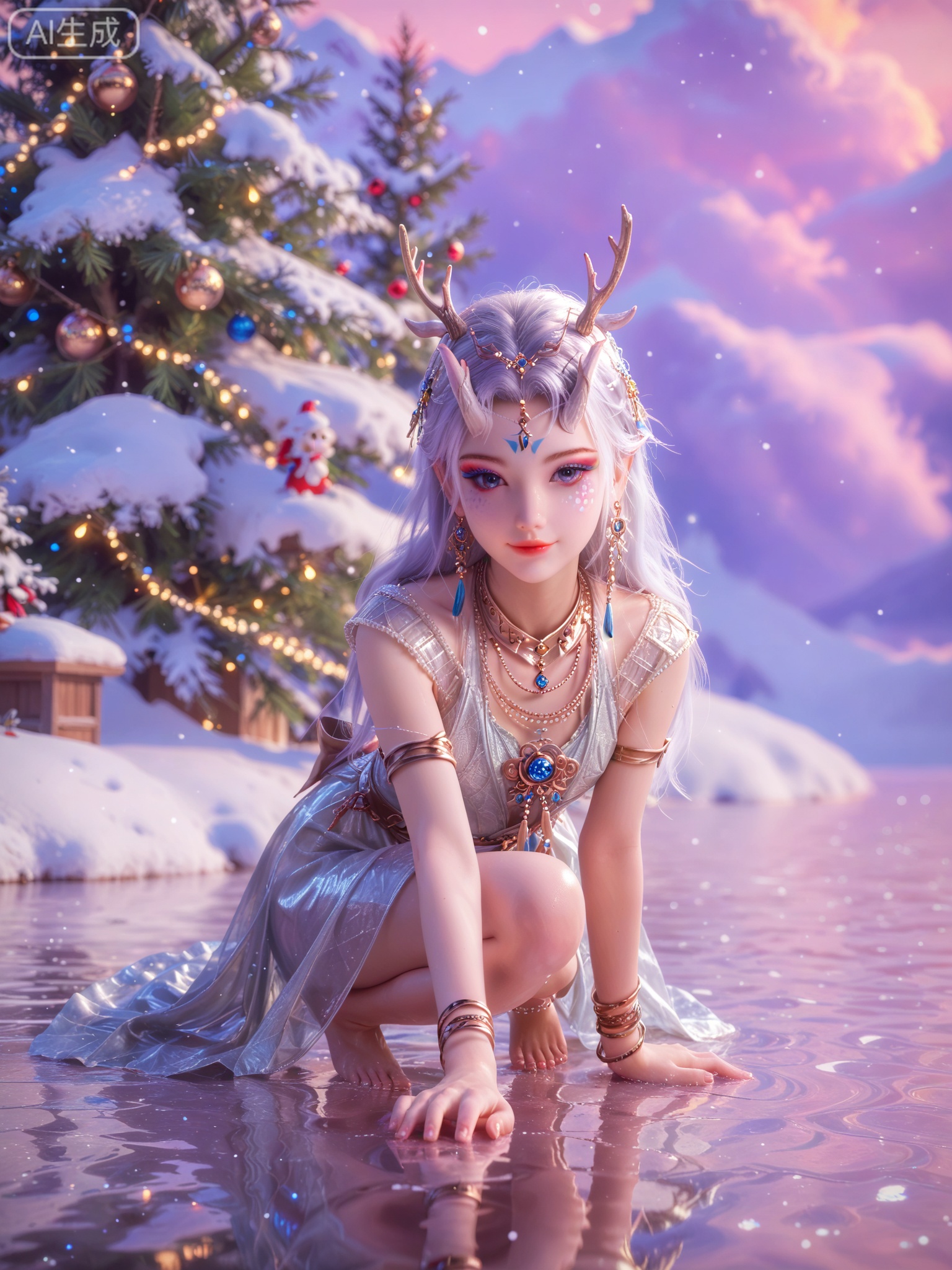 score_9,score_8_up,score_7_up,masterpiece,(best quality),(intricate details:0.9) BREAK (intricate details:0.9),(realistic skin:1.2),masterpiece,best quality,newest,absurdres,hiahres,1girl,solo,jewelry,hair ornament,dress,necklace,lips,eyeshadow,bracelet,tassel,(8k ultra-clear, pony style),photo pose 0.6, micro-expression: soft smile 0.3, half-body + medium shot 0.7,1girl,solo.looking_at_viewer,realistic,photorealistic,Vivid Colors,bright environment,shiny skin,shiny hairjewelry,detail eyes,Eyes highlights,glowing,sunshine,bright,reflection,bright,sunshine on face,shiny,shinny,petite,thin,leg slimming,lose weight,slim hips,lakeside,delicate water,reflection,(full body:1.5)sitting_down,eyelashes,snow,Winter,Snowy landscape,Snow accumulation,Christmas tree,