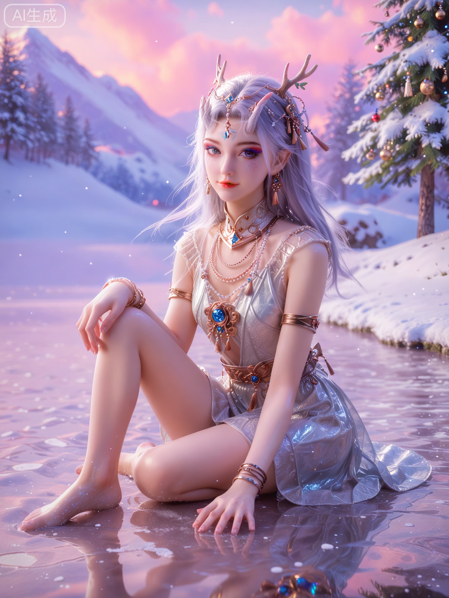 score_9,score_8_up,score_7_up,masterpiece,(best quality),(intricate details:0.9) BREAK (intricate details:0.9),(realistic skin:1.2),masterpiece,best quality,newest,absurdres,hiahres,1girl,solo,jewelry,hair ornament,dress,necklace,lips,eyeshadow,bracelet,tassel,(8k ultra-clear, pony style),photo pose 0.6, micro-expression: soft smile 0.3, half-body + medium shot 0.7,1girl,solo.looking_at_viewer,realistic,photorealistic,Vivid Colors,bright environment,shiny skin,shiny hairjewelry,detail eyes,Eyes highlights,glowing,sunshine,bright,reflection,bright,sunshine on face,shiny,shinny,petite,thin,leg slimming,lose weight,slim hips,lakeside,delicate water,reflection,(full body:1.5)sitting_down,eyelashes,snow,Winter,Snowy landscape,Snow accumulation,Christmas tree,