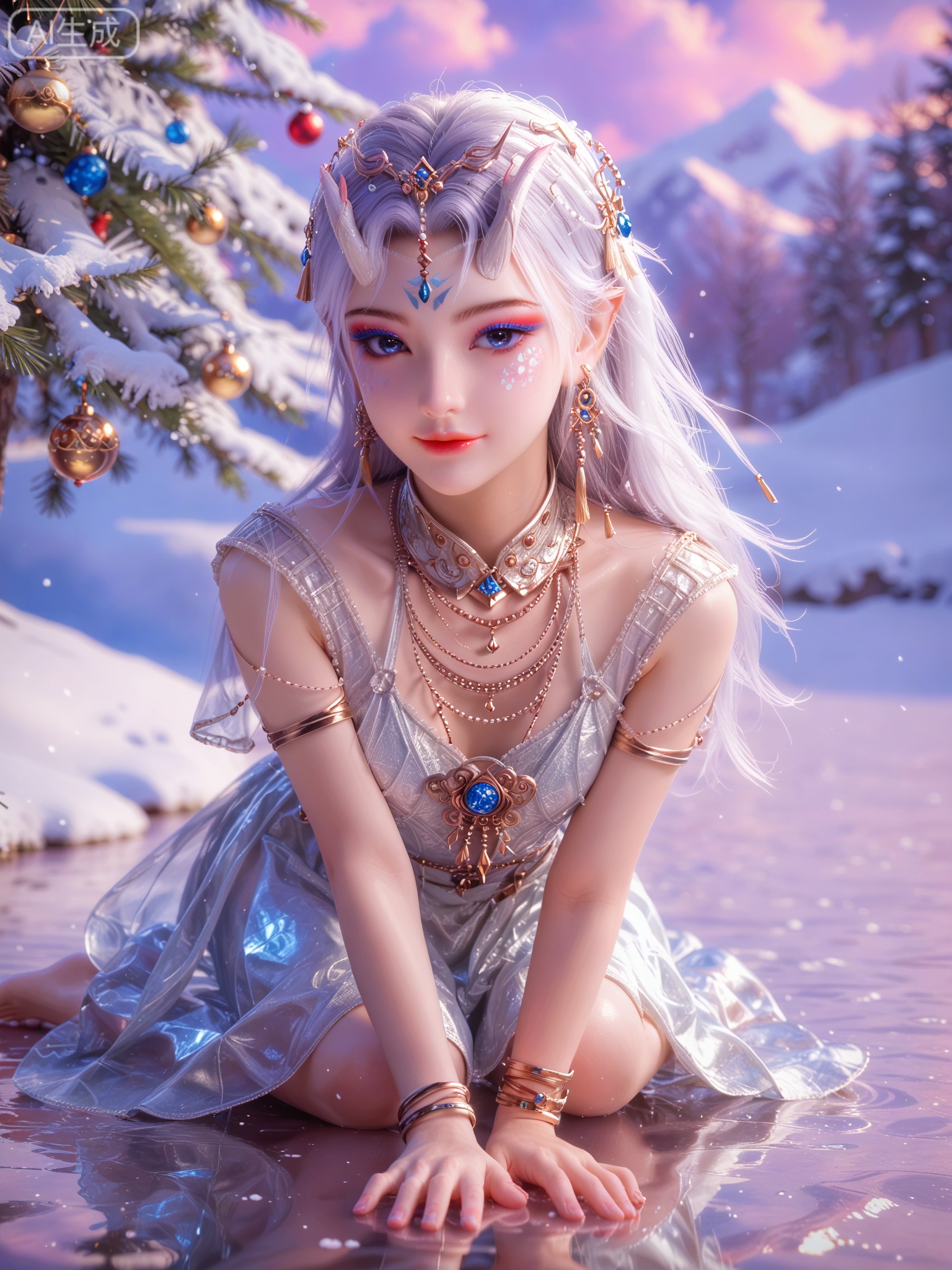 score_9,score_8_up,score_7_up,masterpiece,(best quality),(intricate details:0.9) BREAK (intricate details:0.9),(realistic skin:1.2),masterpiece,best quality,newest,absurdres,hiahres,1girl,solo,jewelry,hair ornament,dress,necklace,lips,eyeshadow,bracelet,tassel,(8k ultra-clear, pony style),photo pose 0.6, micro-expression: soft smile 0.3, half-body + medium shot 0.7,1girl,solo.looking_at_viewer,realistic,photorealistic,Vivid Colors,bright environment,shiny skin,shiny hairjewelry,detail eyes,Eyes highlights,glowing,sunshine,bright,reflection,bright,sunshine on face,shiny,shinny,petite,thin,leg slimming,lose weight,slim hips,lakeside,delicate water,reflection,(full body:1.5)sitting_down,eyelashes,snow,Winter,Snowy landscape,Snow accumulation,Christmas tree,