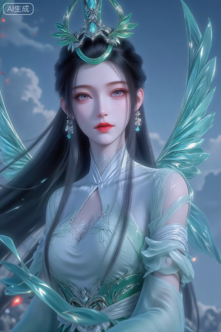(Masterpiece, best quality, 8K, ultra-detailed), 1 beautiful ancient Chinese fairy female character, delicate features, wearing light green hanfu with leaf patterns, elegant leaf hairpins and earrings, luxurious large emerald butterfly-like wings behind her. Close-up shot focusing on face and upper body, against a misty blue-gray sky with red glow and bloodstain effects. Fantasy xianxia style, fresh green and dark blue tone, dreamy and tense atmosphere, centered composition.
