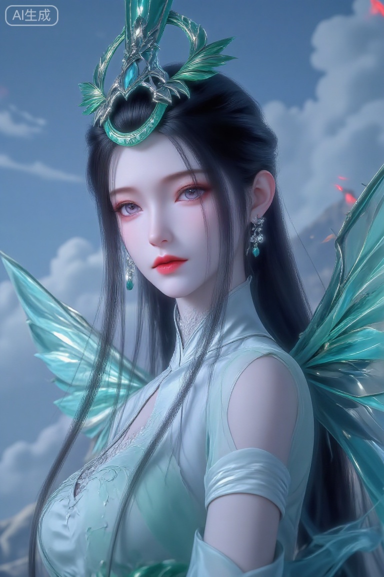 (Masterpiece, best quality, 8K, ultra-detailed), 1 beautiful ancient Chinese fairy female character, delicate features, wearing light green hanfu with leaf patterns, elegant leaf hairpins and earrings, luxurious large emerald butterfly-like wings behind her. Close-up shot focusing on face and upper body, against a misty blue-gray sky with red glow and bloodstain effects. Fantasy xianxia style, fresh green and dark blue tone, dreamy and tense atmosphere, centered composition.
