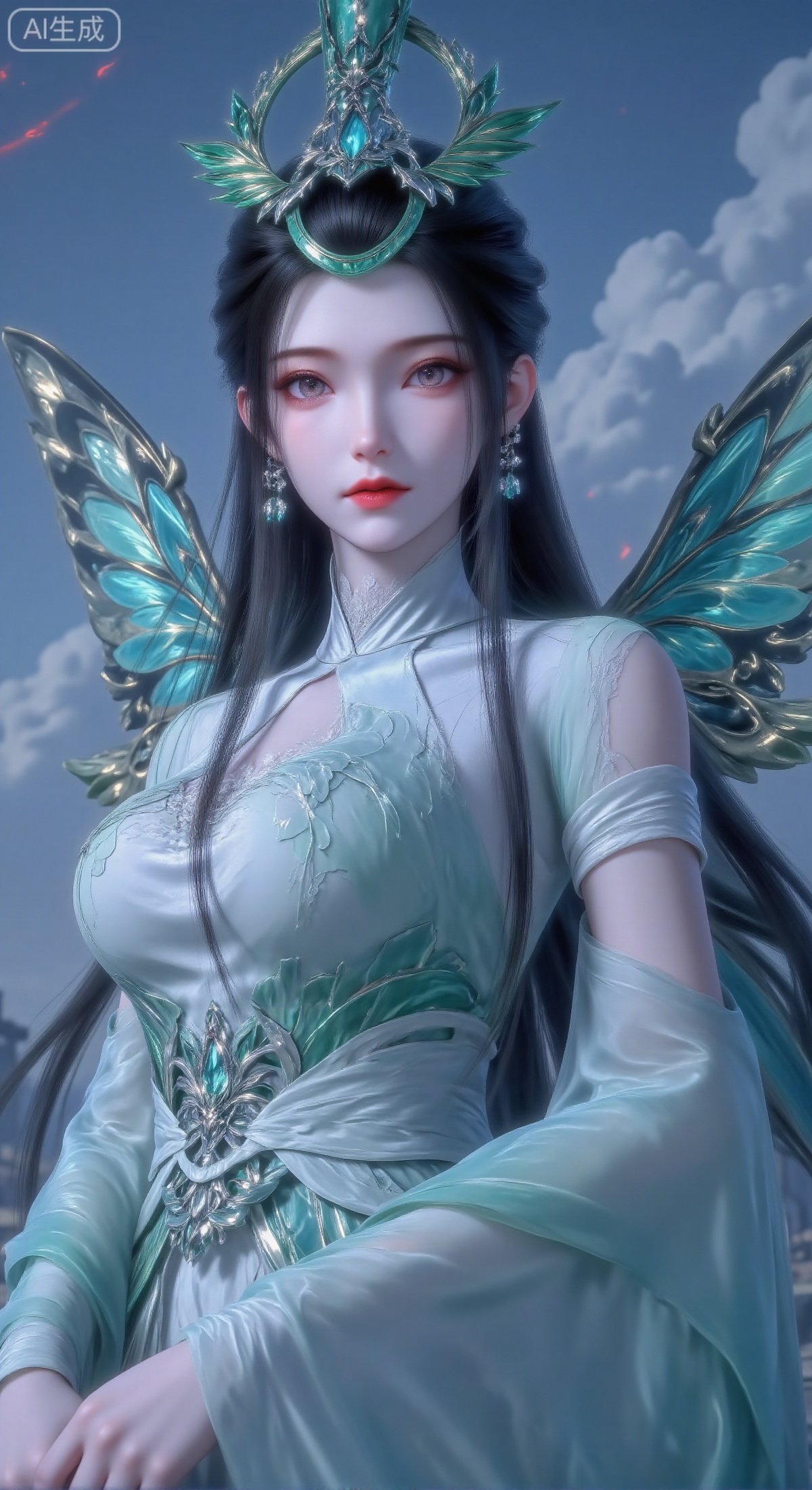 (Masterpiece, best quality, 8K, ultra-detailed), 1 beautiful ancient Chinese fairy female character, delicate features, wearing light green hanfu with leaf patterns, elegant leaf hairpins and earrings, luxurious large emerald butterfly-like wings behind her. Close-up shot focusing on face and upper body, against a misty blue-gray sky with red glow and bloodstain effects. Fantasy xianxia style, fresh green and dark blue tone, dreamy and tense atmosphere, centered composition.

