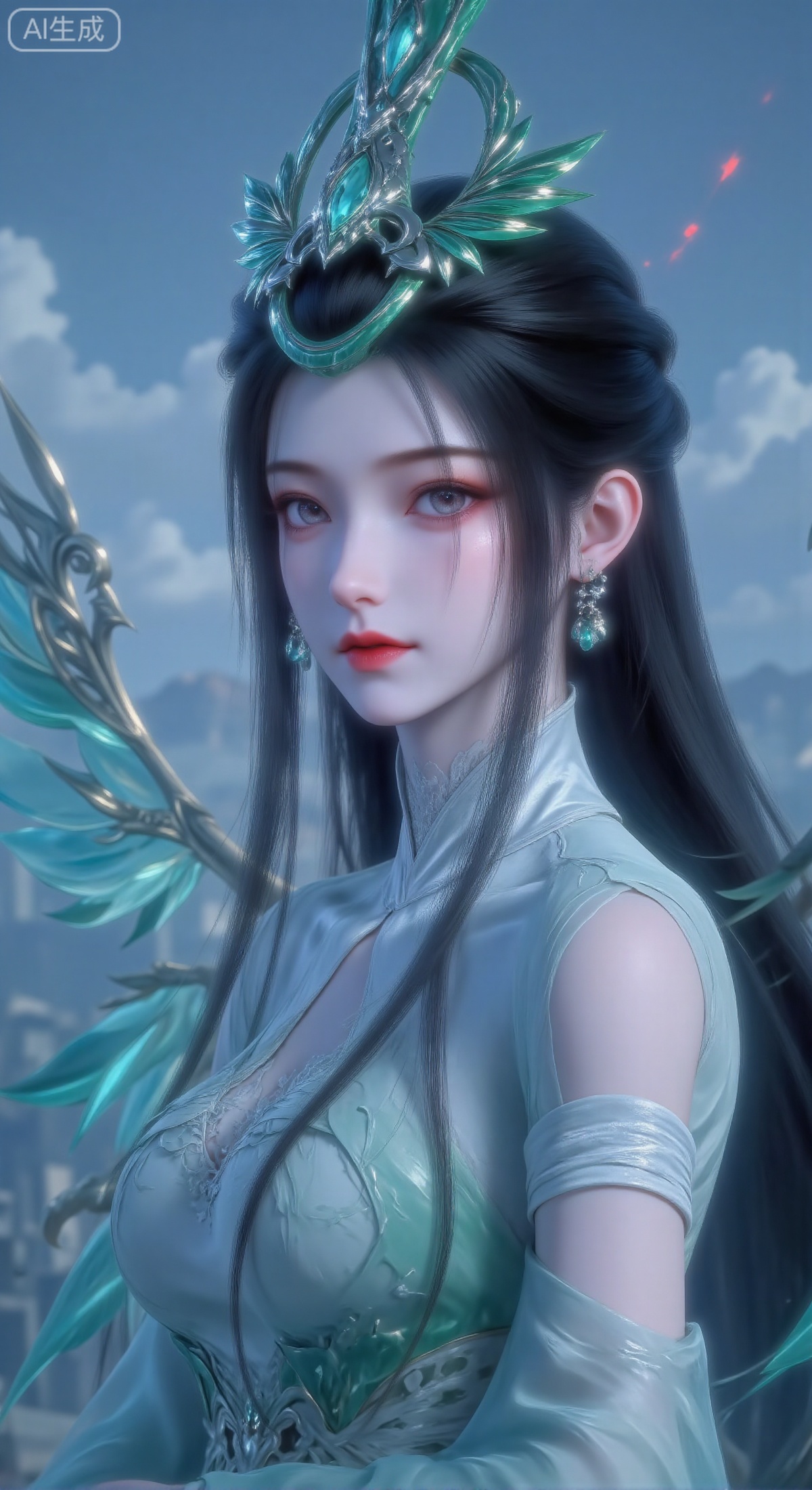 (Masterpiece, best quality, 8K, ultra-detailed), 1 beautiful ancient Chinese fairy female character, delicate features, wearing light green hanfu with leaf patterns, elegant leaf hairpins and earrings, luxurious large emerald butterfly-like wings behind her. Close-up shot focusing on face and upper body, against a misty blue-gray sky with red glow and bloodstain effects. Fantasy xianxia style, fresh green and dark blue tone, dreamy and tense atmosphere, centered composition.
