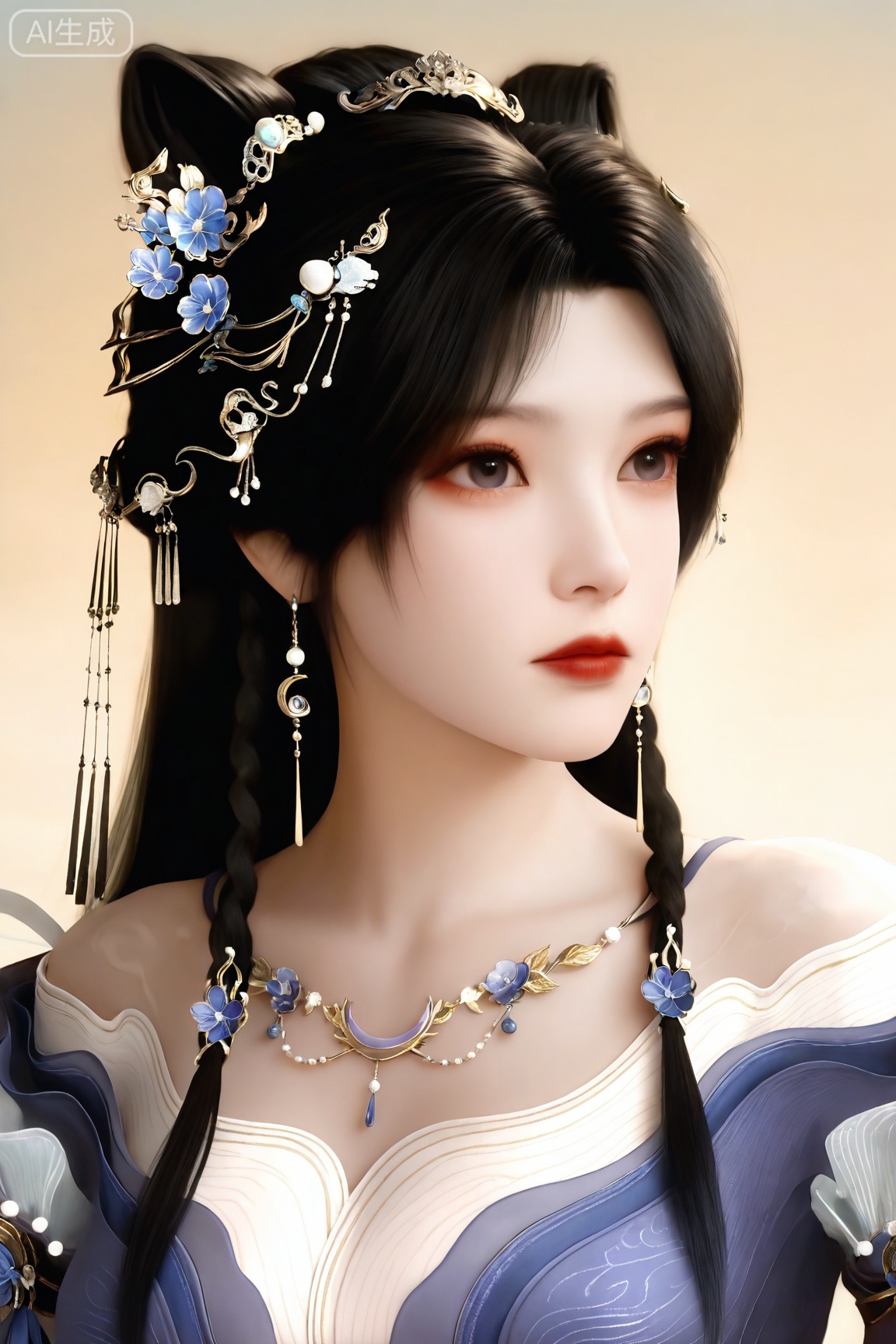 JZY,1girl, solo, long hair, black hair, hair ornament, dress, jewelry, closed mouth, upper body, braid, flower, earrings, necklace, expressionless, hair rings, realistic, red lips, 
master work,32K,UHD,perfect work,masterpiece,best quality,high quality,ultra-detailed,(guofeng aesthetic),cinematic lighting,delicate details,vibrant colors, sgrainy,detailed skin,photorealistic,realistic skin,texture,grainy,photorealistic, “golden hour,” “volumetric light,”,