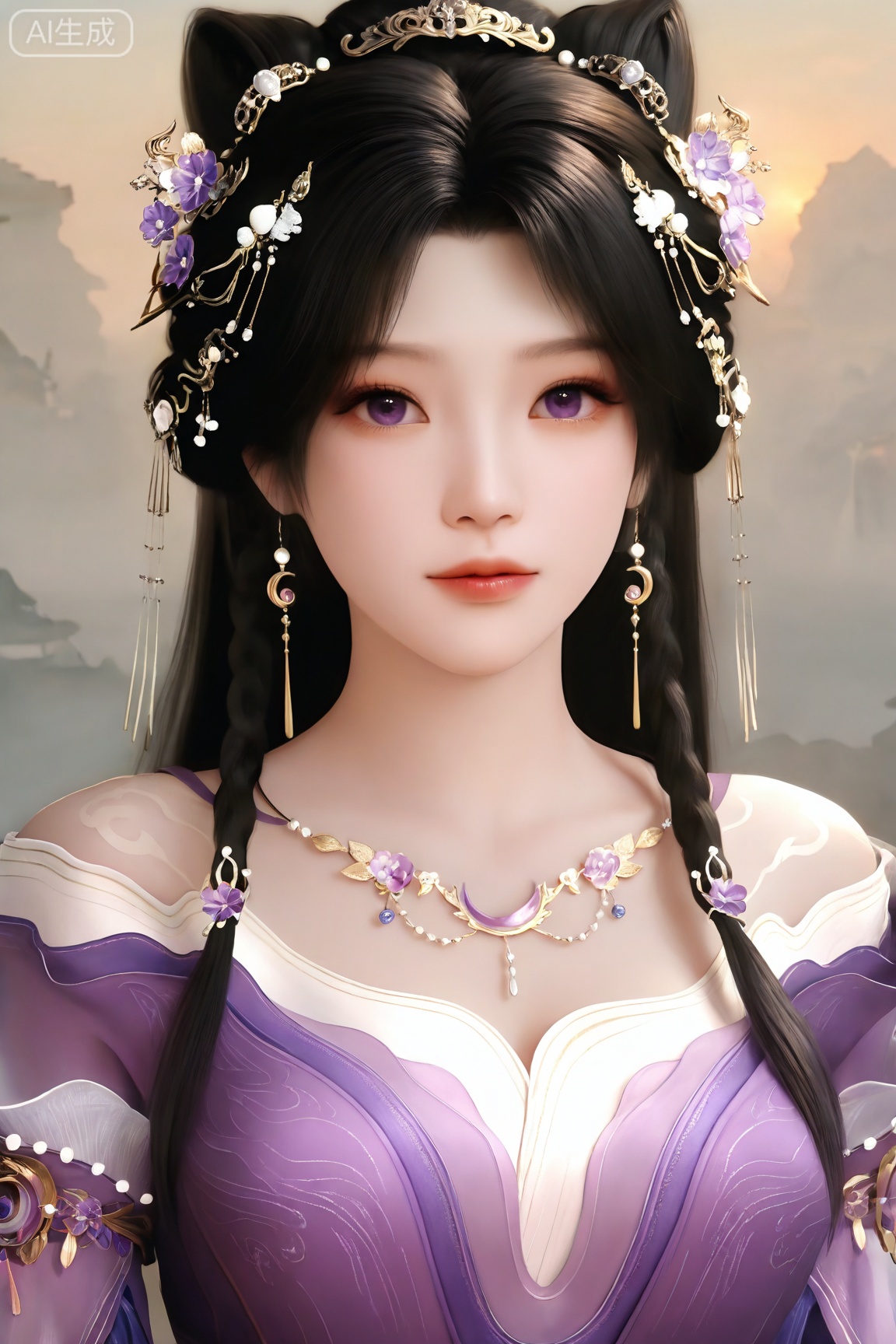 JZY,1girl, solo, long hair, looking at viewer, black hair, hair ornament, long sleeves, dress, jewelry, purple eyes, upper body, earrings, necklace, hair bun, purple dress, 
master work,32K,UHD,perfect work,masterpiece,best quality,high quality,ultra-detailed,(guofeng aesthetic),cinematic lighting,delicate details,vibrant colors, sgrainy,detailed skin,photorealistic,realistic skin,texture,grainy,photorealistic, “golden hour,” “volumetric light,”,