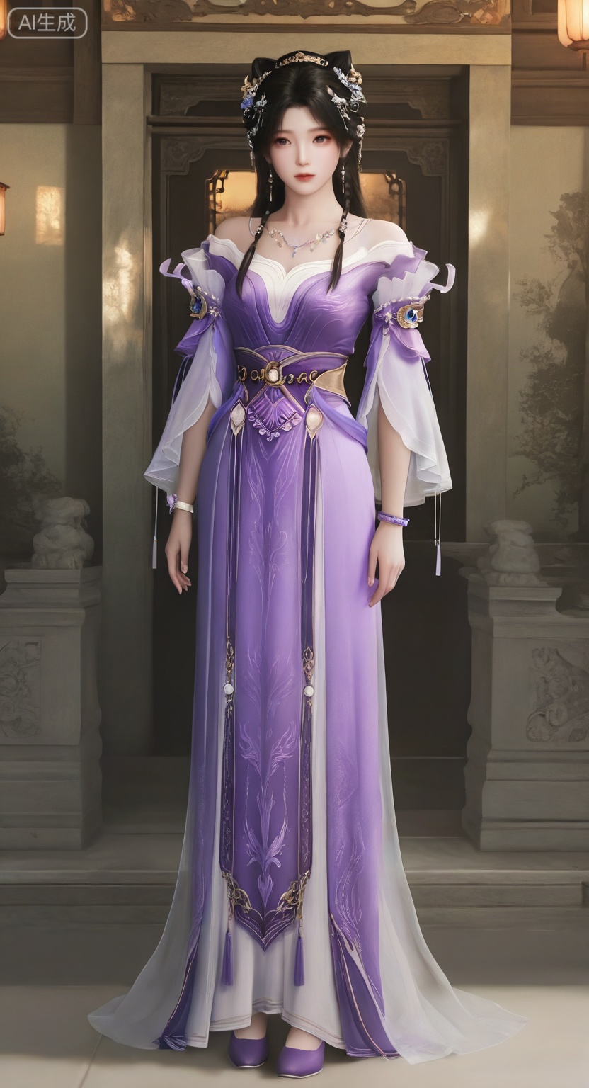 JZY,1girl, solo, long hair, black hair, hair ornament, dress, jewelry, full body, necklace, hair bun, bracelet, sash, chinese clothes, purple dress, 
master work,32K,UHD,perfect work,masterpiece,best quality,high quality,ultra-detailed,(guofeng aesthetic),cinematic lighting,delicate details,vibrant colors, sgrainy,detailed skin,photorealistic,realistic skin,texture,grainy,photorealistic, “golden hour,” “volumetric light,”,