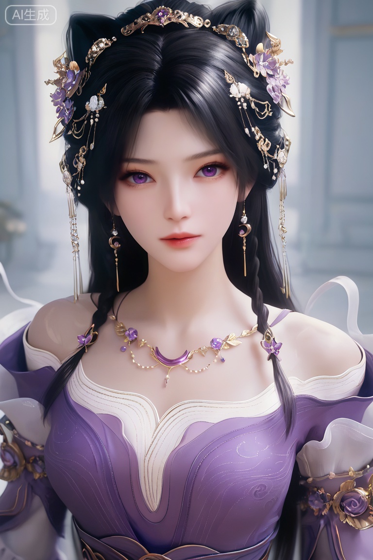 score_9_up,score_8_up,score_7_up,Expressiveh,illustration,CG, 
JZY,1girl, solo, long hair, looking at viewer, black hair, hair ornament, long sleeves, dress, jewelry, purple eyes, upper body, earrings, necklace, hair bun, purple dress,
 highly detailed,ultra-high resolution,32K UHD,sharp focus,best-quality,masterpiece,unconventional supreme masterpiece,masterful details,temperate atmosphere,with a high-end texture,in the style of fashion photography,Dynamic Angle,