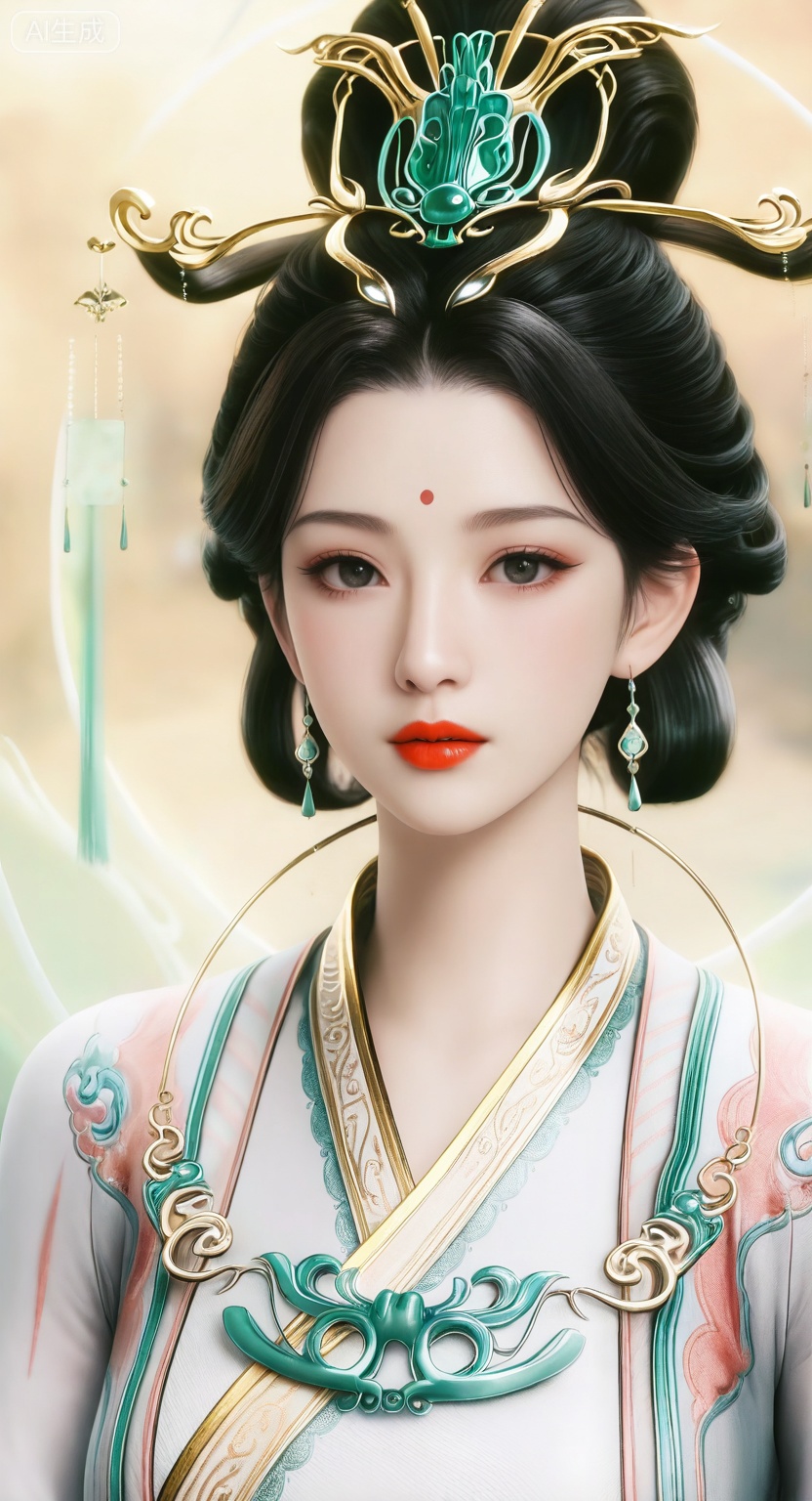 XWM,1girl, solo, looking at viewer,closed mouth, black hair, hair ornament, jewelry, upper body, earrings, parted lips, blurry, black eyes, lips, blurry background, facial mark, chinese clothes, forehead mark, realistic, red lips, 
master work,32K,UHD,perfect work,masterpiece,best quality,high quality,ultra-detailed,(guofeng aesthetic),cinematic lighting,delicate details,vibrant colors, sgrainy,detailed skin,photorealistic,realistic skin,texture,grainy,photorealistic, “golden hour,” “volumetric light,”,