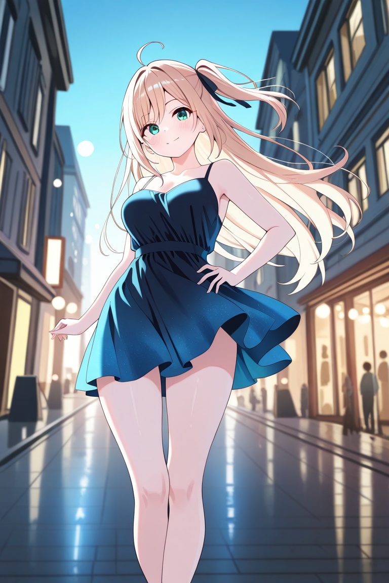 A vibrant urban street portrait featuring a beautiful lady with long hair,  radiantly adorned in a stylish mini dress,  sh...