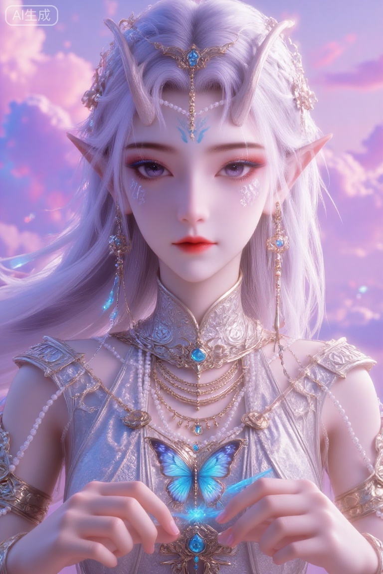 (Masterpiece, best quality, 8K, ultra-detailed:1.3), 1 beautiful ancient Chinese goddess with silver-white long hair in elegant updo, wearing intricate golden headdress with blue gemstones and dangling earrings. Delicate blue floral marking on forehead, ethereal blue-purple eye makeup, luminous eyes. Wearing pearl-encrusted robe with ornate metal accessories, multi-layered necklaces featuring turquoise gems. Holding a glowing blue butterfly with sparkling wings in her hands, surrounded by shimmering light particles. Dreamy pink-purple sky with soft clouds in background. Soft fantasy lighting, centered composition, mysterious and fairy-like atmosphere, 3D rendering style, extreme detail on jewelry and butterfly wings.,fny