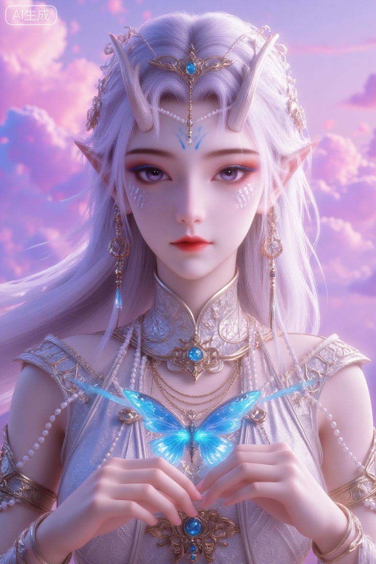(Masterpiece, best quality, 8K, ultra-detailed:1.3), 1 beautiful ancient Chinese goddess with silver-white long hair in elegant updo, wearing intricate golden headdress with blue gemstones and dangling earrings. Delicate blue floral marking on forehead, ethereal blue-purple eye makeup, luminous eyes. Wearing pearl-encrusted robe with ornate metal accessories, multi-layered necklaces featuring turquoise gems. Holding a glowing blue butterfly with sparkling wings in her hands, surrounded by shimmering light particles. Dreamy pink-purple sky with soft clouds in background. Soft fantasy lighting, centered composition, mysterious and fairy-like atmosphere, 3D rendering style, extreme detail on jewelry and butterfly wings.,fny