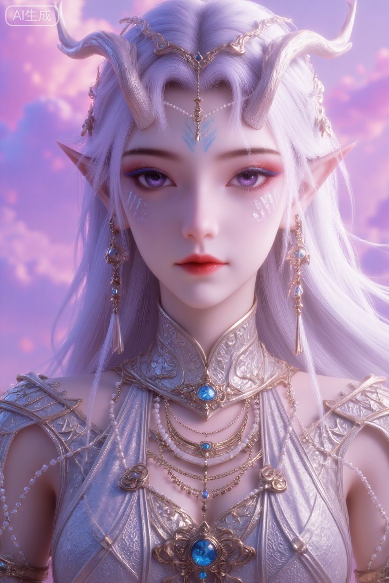 (Masterpiece, best quality, 8K, ultra-detailed:1.3), 1 beautiful elf woman with long flowing white hair, pointed elf ears, wearing intricate silver armor with ornate metalwork. Heavy purple and blue eye makeup, luminous eyes. Multiple layered necklaces with blue gemstones, elaborate earrings. Soft pink-purple gradient background with ethereal glow. Fantasy style, elegant and mystical atmosphere, centered composition, cinematic lighting, 3D rendering, extreme detail on armor and jewelry.