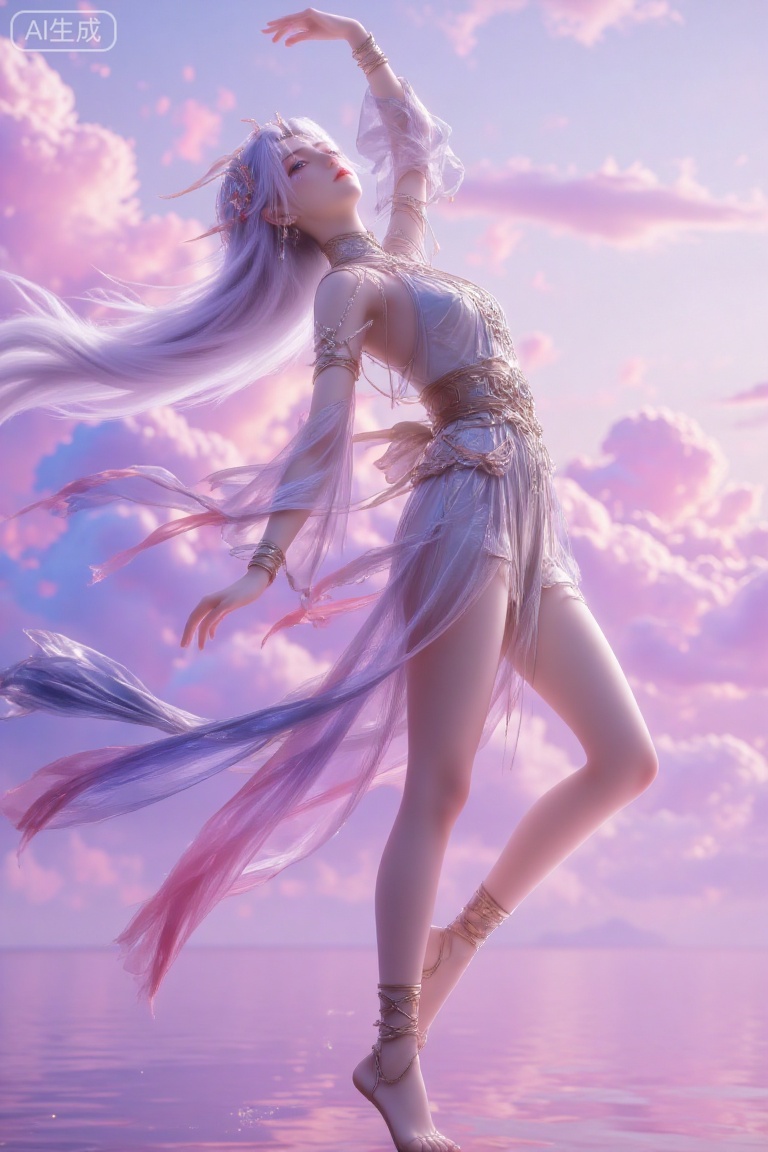 (Masterpiece, best quality, 8K, ultra-detailed:1.3), 1 beautiful ethereal dancer facing viewer directly, long flowing hair whipping in motion, wearing silver-gray to light blue gradient translucent gown with dramatic flowing sleeves. Delicate headdress with pink/orange accents, eyes making direct contact with viewer. Full frontal perspective capturing powerful dance pose - body arched backward with right leg lifted gracefully, arms outstretched as silks swirl dynamically around figure. Soft pink-purple sunset clouds in background with reflective water surface below. Centered composition, romantic and mystical atmosphere, cinematic lighting with golden hour glow, 3D render style, extreme detail on fabric movement and facial expression.