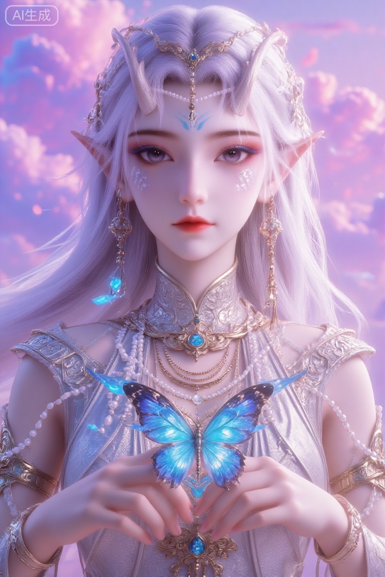 (Masterpiece, best quality, 8K, ultra-detailed:1.3), 1 beautiful ancient Chinese goddess with silver-white long hair in elegant updo, wearing intricate golden headdress with blue gemstones and dangling earrings. Delicate blue floral marking on forehead, ethereal blue-purple eye makeup, luminous eyes. Wearing pearl-encrusted robe with ornate metal accessories, multi-layered necklaces featuring turquoise gems. Holding a glowing blue butterfly with sparkling wings in her hands, surrounded by shimmering light particles. Dreamy pink-purple sky with soft clouds in background. Soft fantasy lighting, centered composition, mysterious and fairy-like atmosphere, 3D rendering style, extreme detail on jewelry and butterfly wings.,fny