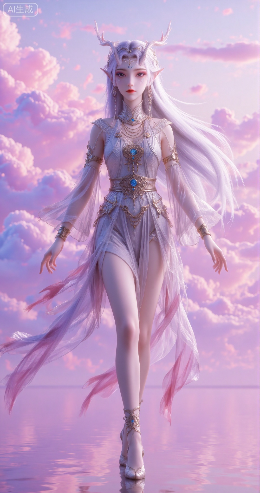 (Masterpiece, best quality, 8K, ultra-detailed:1.3), 1 beautiful ethereal dancer facing viewer directly, long flowing hair whipping in motion, wearing silver-gray to light blue gradient translucent gown with dramatic flowing sleeves. Delicate headdress with pink/orange accents, eyes making direct contact with viewer. Full frontal perspective capturing powerful dance pose - body arched backward with right leg lifted gracefully, arms outstretched as silks swirl dynamically around figure. Soft pink-purple sunset clouds in background with reflective water surface below. Centered composition, romantic and mystical atmosphere, cinematic lighting with golden hour glow, 3D render style, extreme detail on fabric movement and facial expression.