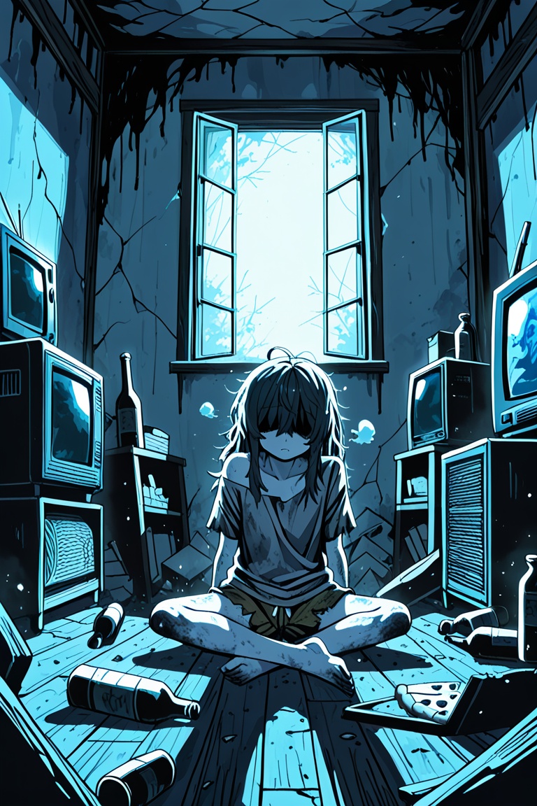 Illustration type - dark illustration - depressing art Depressing nighttime scene,  young woman sitting exhausted on the f...