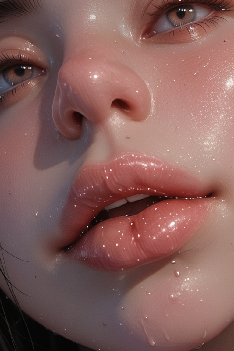 **Prompt:** Extreme close-up portrait of a seductive young woman,  face filling the frame,  glossy dewy skin shimmering un...