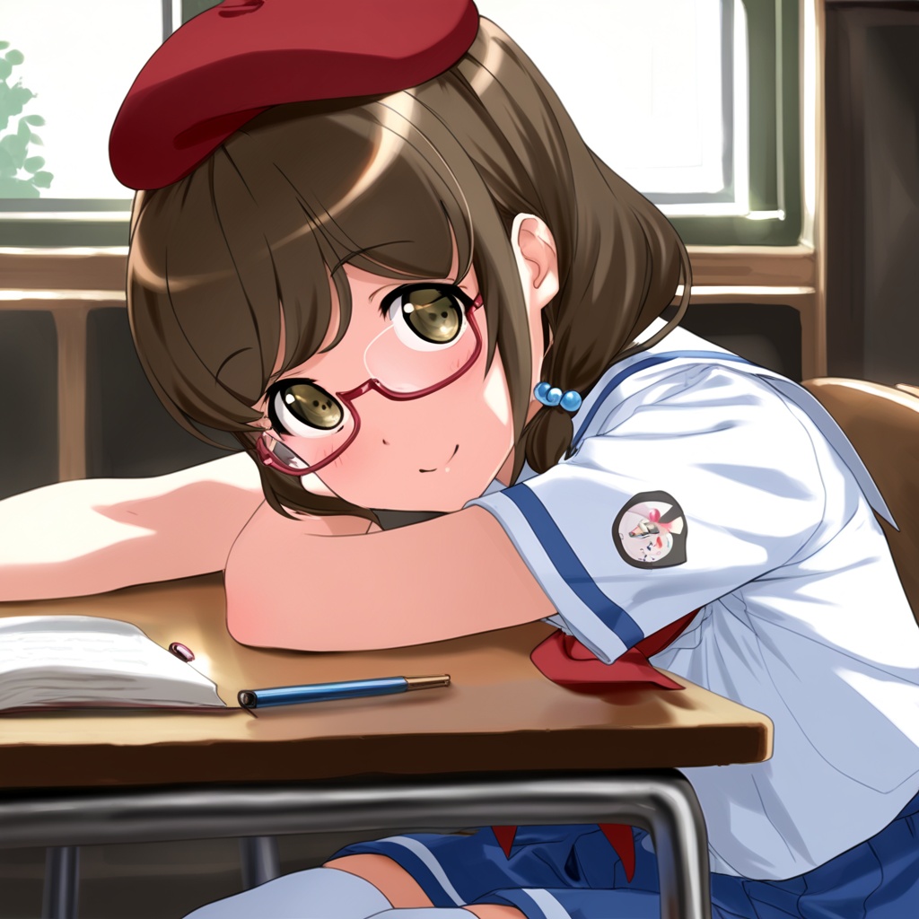 **Prompt:** Cute Japanese schoolgirl peacefully asleep in a quiet sunlit library,  head resting on folded arms atop an ope...
