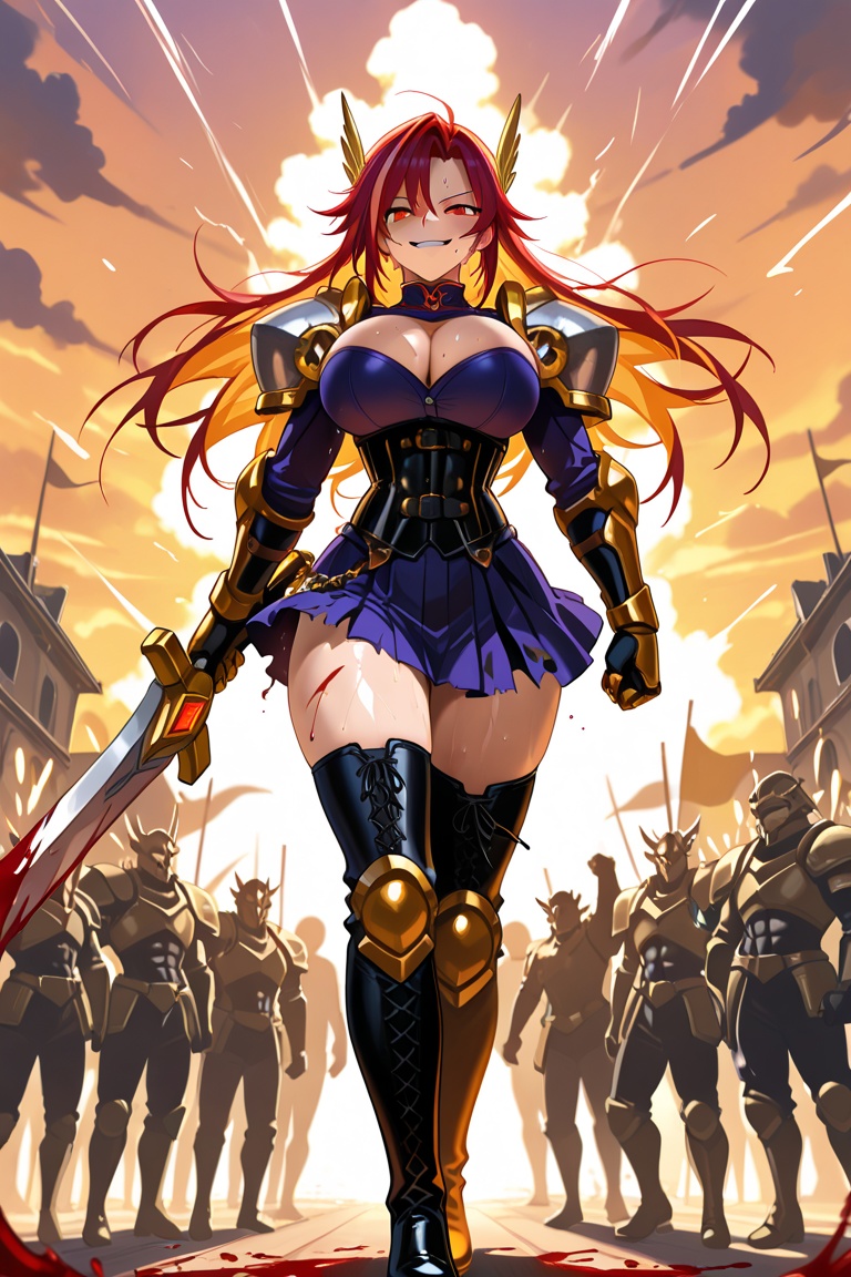 Epic low-angle cinematic shot inside a massive ancient battle arena at sunset,  victorious young warrior woman standing tr...