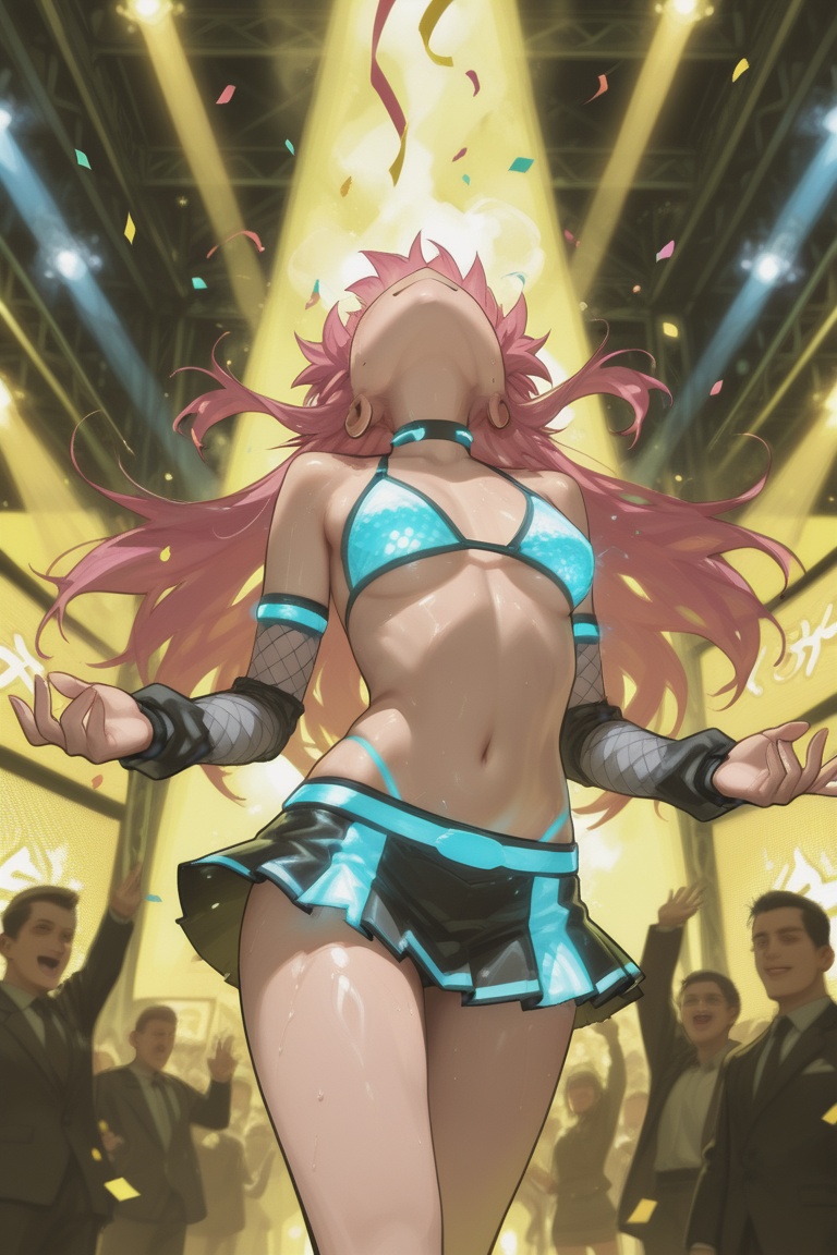**Prompt:** Vibrant nightclub scene,  gorgeous young female DJ behind the decks in the middle of a wild rave,  eyes half-c...