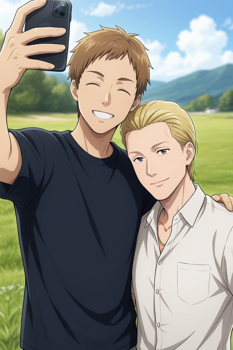 sabu and nitta-gay couple focus,  blonde-brown_sabu and nitta_hair,  sabu_2ndmale-closed eyes on Tensor.Art