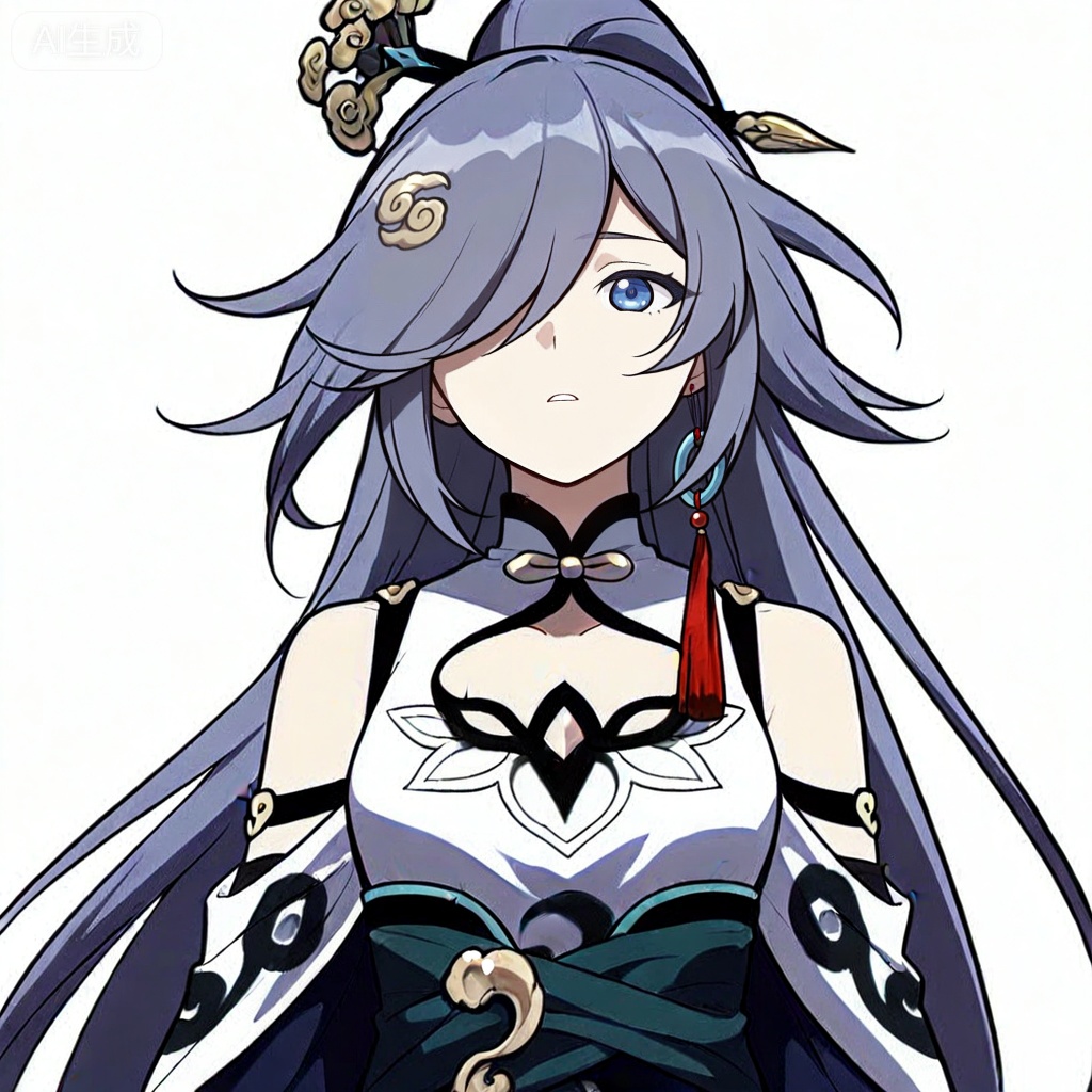 masterpiece, best quality,solo,((white background:1.2)),simple background,, 
looking at viewer,manga_style,fu hua \(azure empyrea\),hair ornament,hair over one eye,grey hair,blue_eyes,bangs,hanfu,long sleeves,ornament,Chinese clothes,taoist robes,boots,gold_trim,jewelry,Tassel