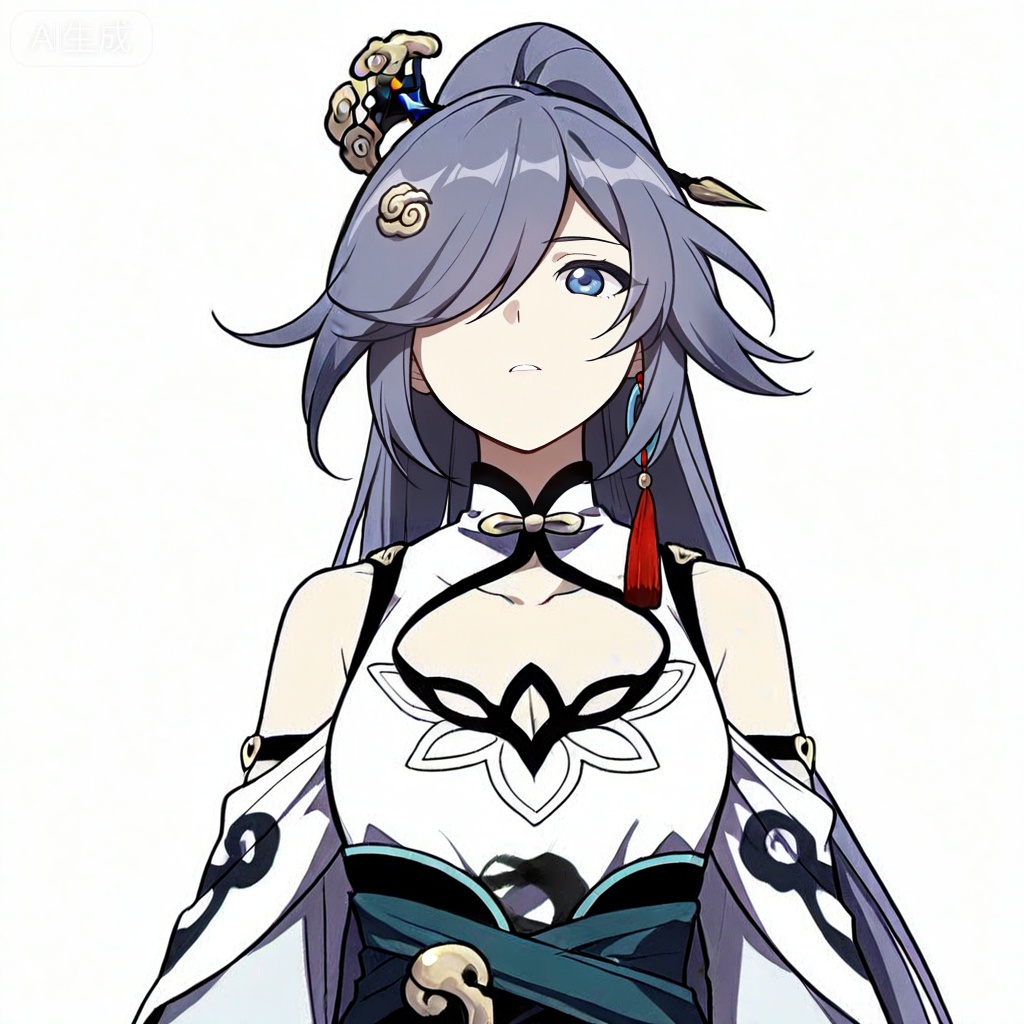 masterpiece, best quality,solo,((white background:1.2)),simple background,, 
looking at viewer,manga_style,fu hua \(azure empyrea\),hair ornament,hair over one eye,grey hair,blue_eyes,bangs,hanfu,long sleeves,ornament,Chinese clothes,taoist robes,boots,gold_trim,jewelry,Tassel