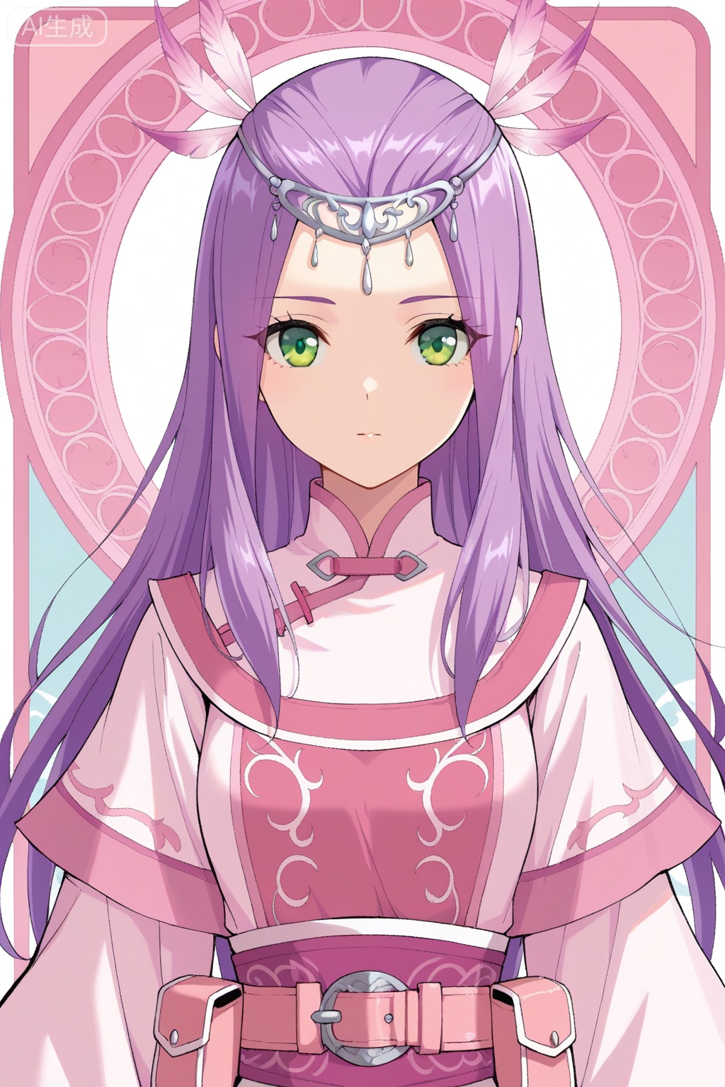
Random scene,Random scene,
upper body,looking at viewer,
小医仙,masterpiece,best quality,official art,extremely detailed CG unity 8k wallpaper,1girl,solo,purple hair, white pink,, long hair, straight hair, purple hair, side bangs, hair ornament, forehead circlet, green eyes,traditional robe, robe circlet, pink and white outfit, wide sleeves, layered clothing, waist sash, pink belt, pouch on belt, ornate patterns, flowy clothes, feather hair accessory, fantasy outfit,