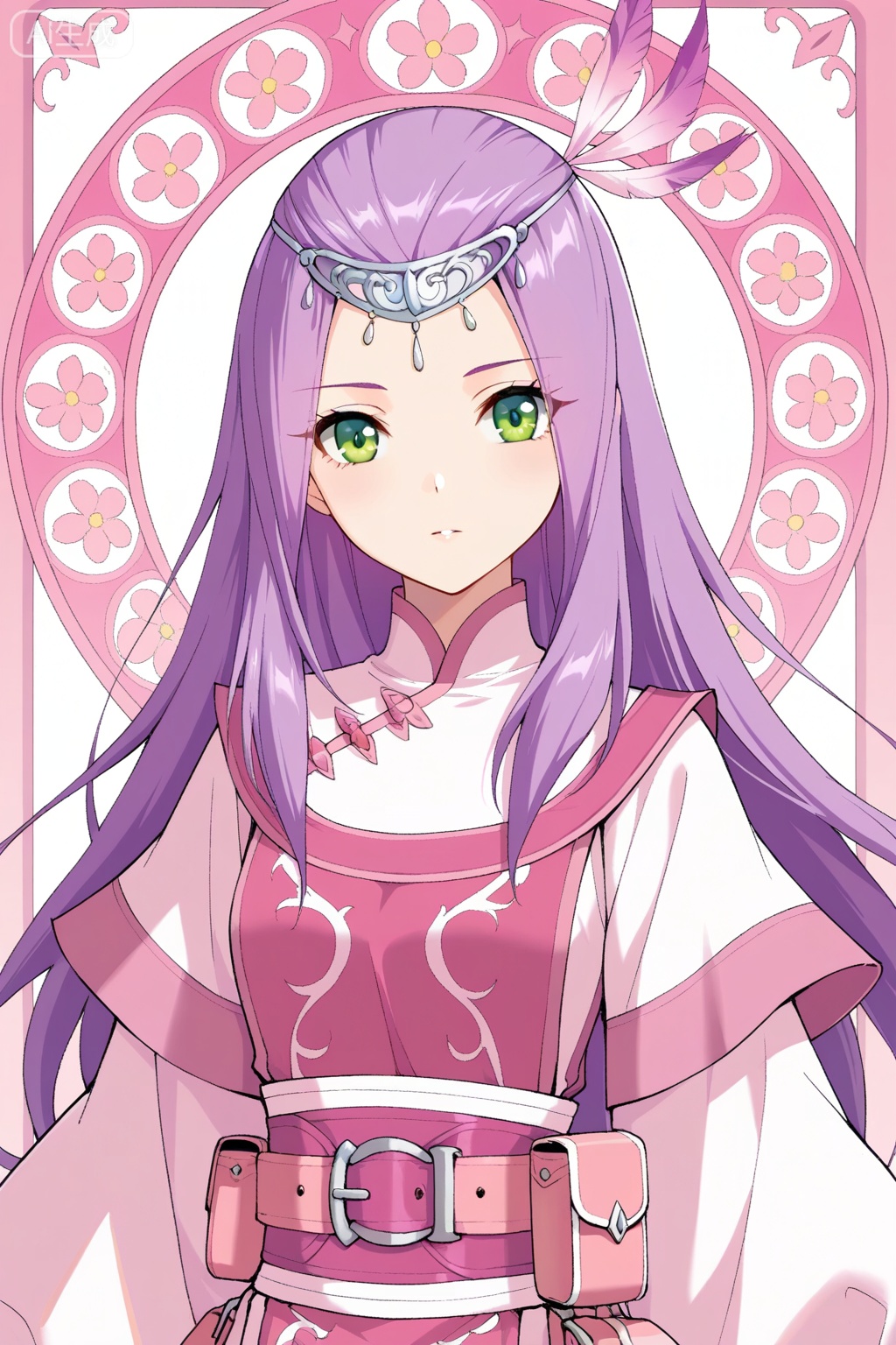 
Random scene,Random scene,
upper body,looking at viewer,
小医仙,masterpiece,best quality,official art,extremely detailed CG unity 8k wallpaper,1girl,solo,purple hair, white pink,, long hair, straight hair, purple hair, side bangs, hair ornament, forehead circlet, green eyes,traditional robe, robe circlet, pink and white outfit, wide sleeves, layered clothing, waist sash, pink belt, pouch on belt, ornate patterns, flowy clothes, feather hair accessory, fantasy outfit,