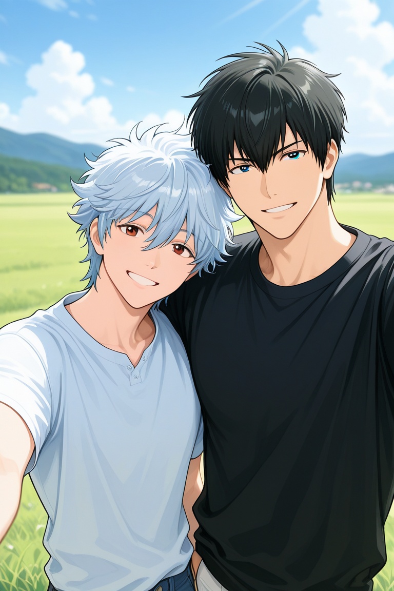 sakagin and hijikat-gay couple focus,  white-black_sakagin and hijikat_hair,  duo on Tensor.Art