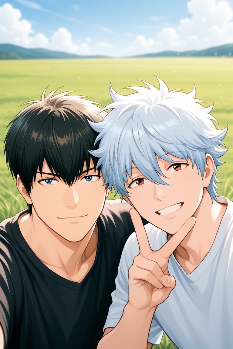 sakagin and hijikat-gay couple focus,  white-black_sakagin and hijikat_hair,  duo on Tensor.Art