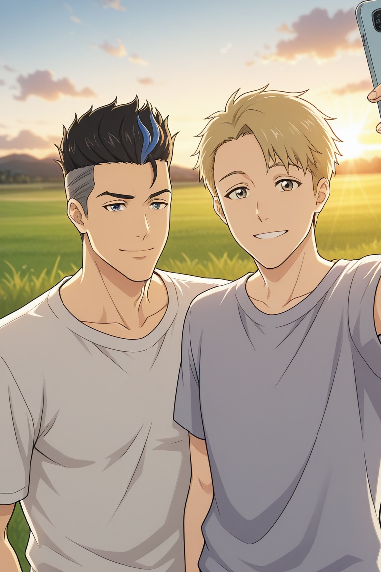 balgo and bruno-gay couple focus,  black-blonde_balgo and bruno_hair,  smile on Tensor.Art
