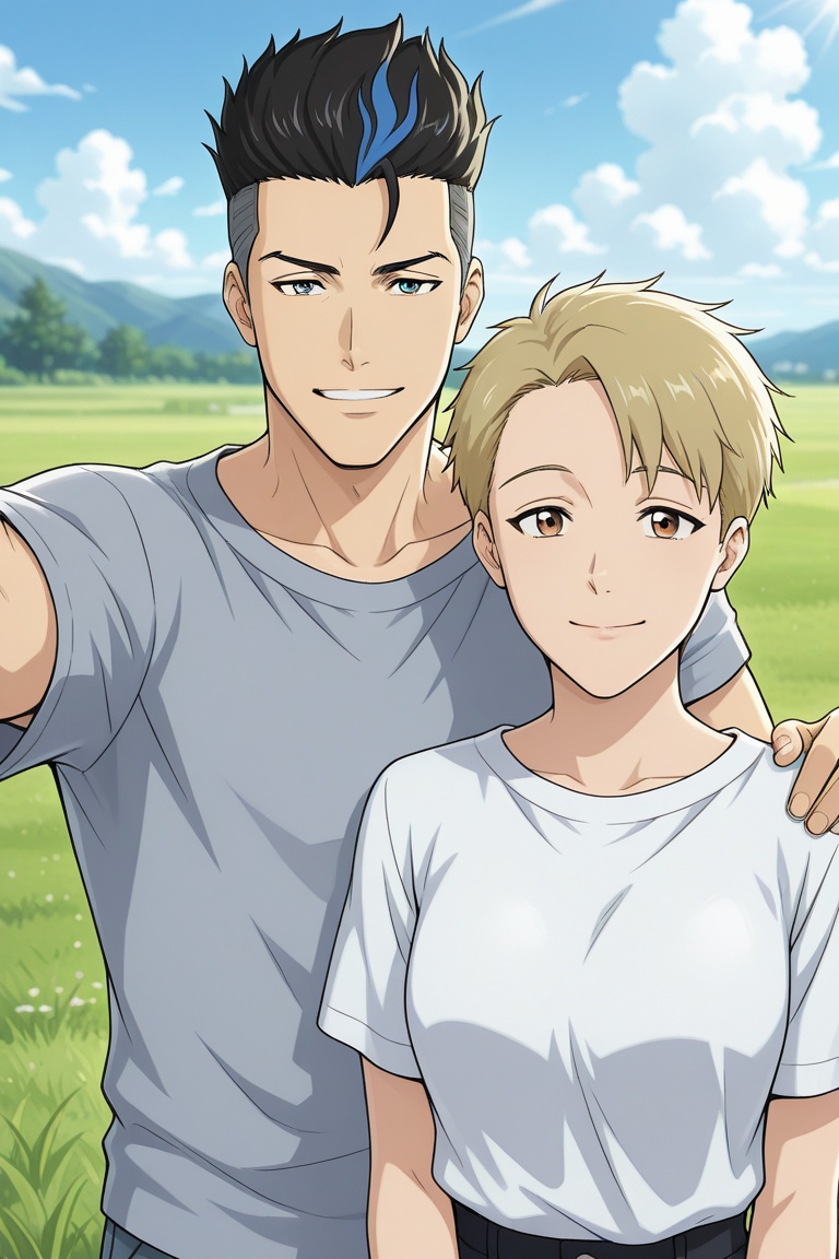 balgo and bruno-gay couple focus,  black-blonde_balgo and bruno_hair,  smile on Tensor.Art