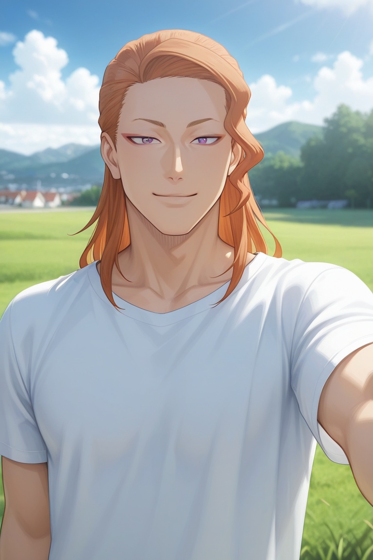 fuegilion-1male focus,  orange_fuegilion_hair,  purple_fuegilion_eyes on Tensor.Art