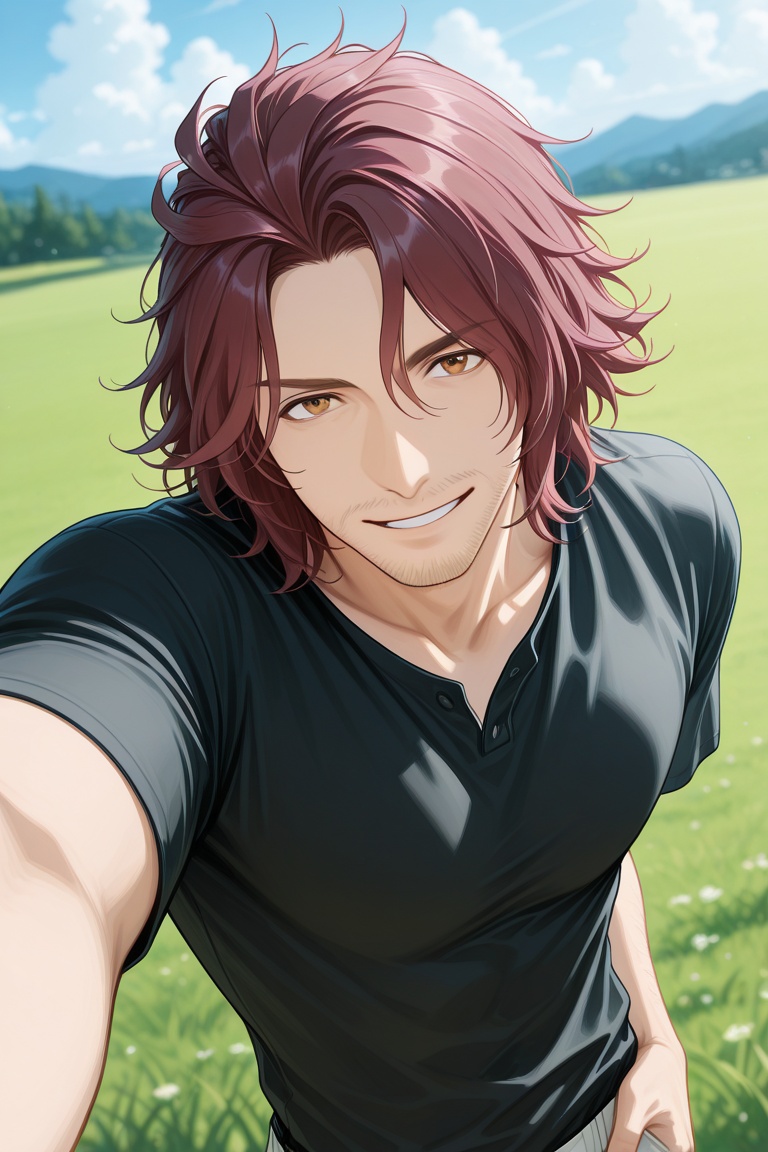 ardynai-1male focus,  ardynai_facial hair,  dark reddish purple_ardynai_hair on Tensor.Art