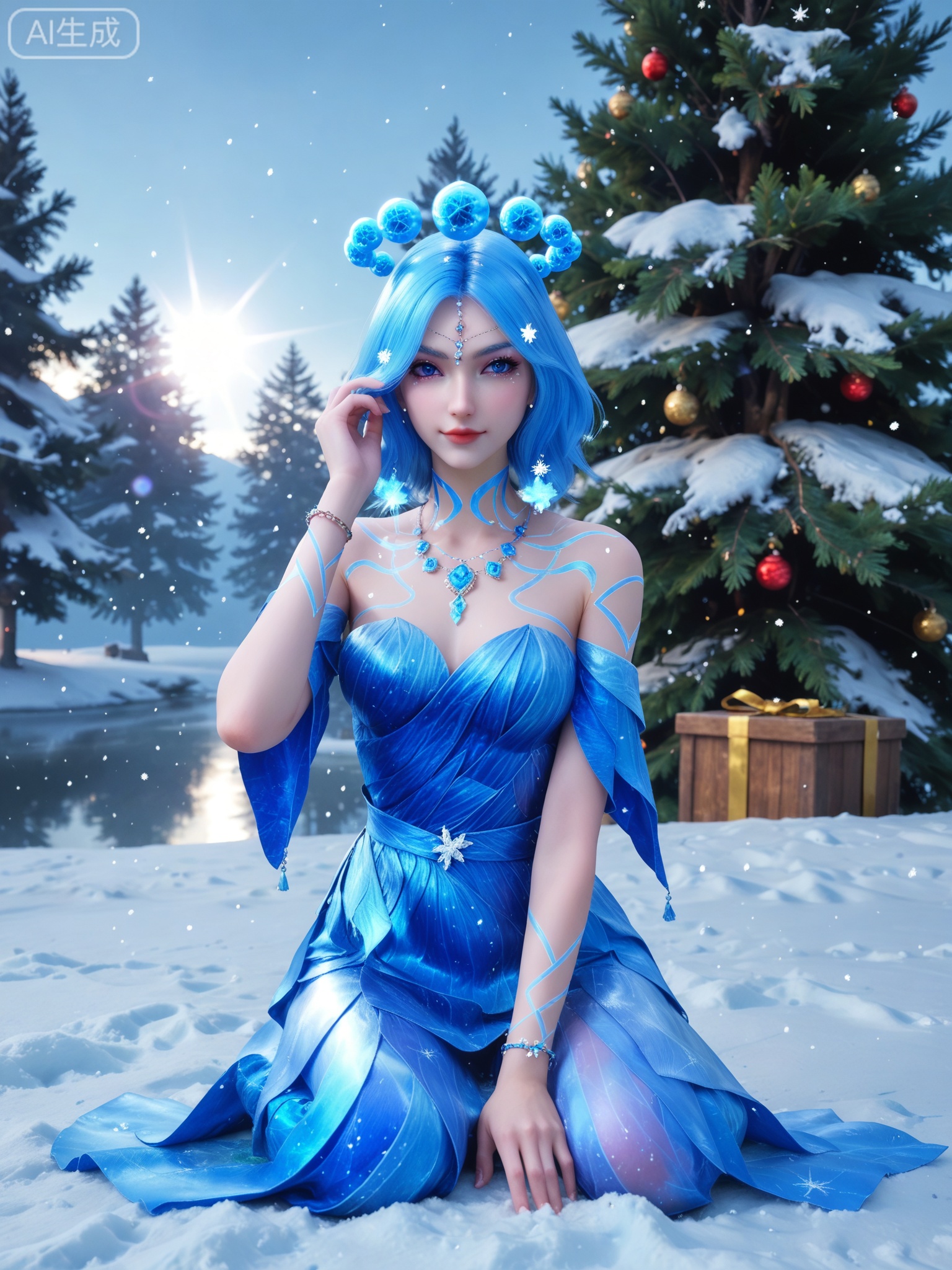 score_9,score_8_up,score_7_up,masterpiece,(best quality),(intricate details:0.9) BREAK (intricate details:0.9),(realistic skin:1.2),masterpiece,best quality,newest,absurdres,hiahres,1girl,solo,jewelry,hair ornament,dress,necklace,lips,eyeshadow,bracelet,tassel,(8k ultra-clear, pony style),photo pose 0.6, micro-expression: soft smile 0.3, half-body + medium shot 0.7,1girl,solo.looking_at_viewer,realistic,photorealistic,Vivid Colors,bright environment,shiny skin,shiny hairjewelry,detail eyes,Eyes highlights,glowing,sunshine,bright,reflection,bright,sunshine on face,shiny,shinny,petite,thin,leg slimming,lose weight,slim hips,lakeside,delicate water,reflection,(full body:1)sitting_down,eyelashes,snow,Winter,Snowy landscape,Snow accumulation,Christmas tree,