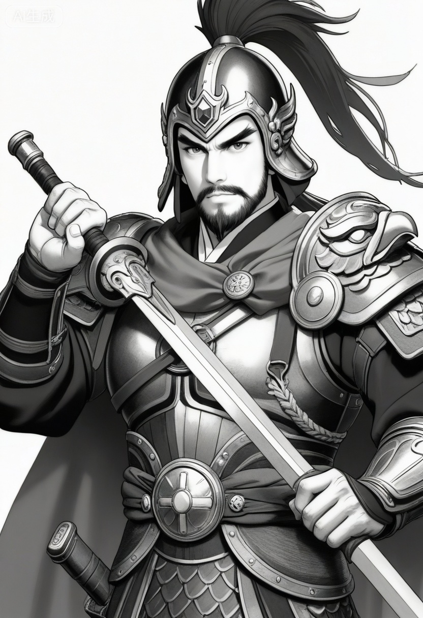 质量词: masterpiece, best quality, amazing quality, very aesthetic, absurdres, highres, newest,
a valiant general from the Three Kingdoms period, with a determined expression, thick eyebrows, and a neatly trimmed beard, wears a helmet adorned with a feather plume and an inlaid gem, armor with elaborate bird-head shoulder guards and scale patterns, and a tied cape. He clenches one fist in front of his chest, holding a sword hilt in the other hand, set against a plain white background, in a black-and-white line art style that emphasizes bold outlines and shading, showcasing his heroic demeanor.