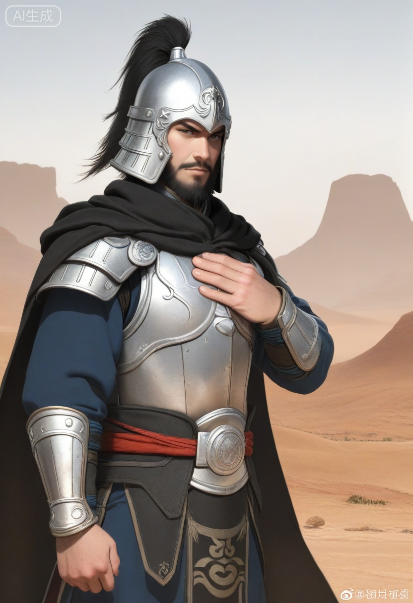 质量词: masterpiece, best quality, amazing quality, very aesthetic, absurdres, highres, newest,
A tyrannical warlord Dong Zhuo from the Three Kingdoms period, with a thick black beard, fierce eyes, and an overbearing expression, wears a helmet with a feather plume and a circular gem ornament, a dark cape, and armor with metal plates and rivets. He places one hand on his chest, set against a desert landscape with rolling hills, in a black-and-white line art style that emphasizes bold outlines and shading, showcasing his domineering aura.