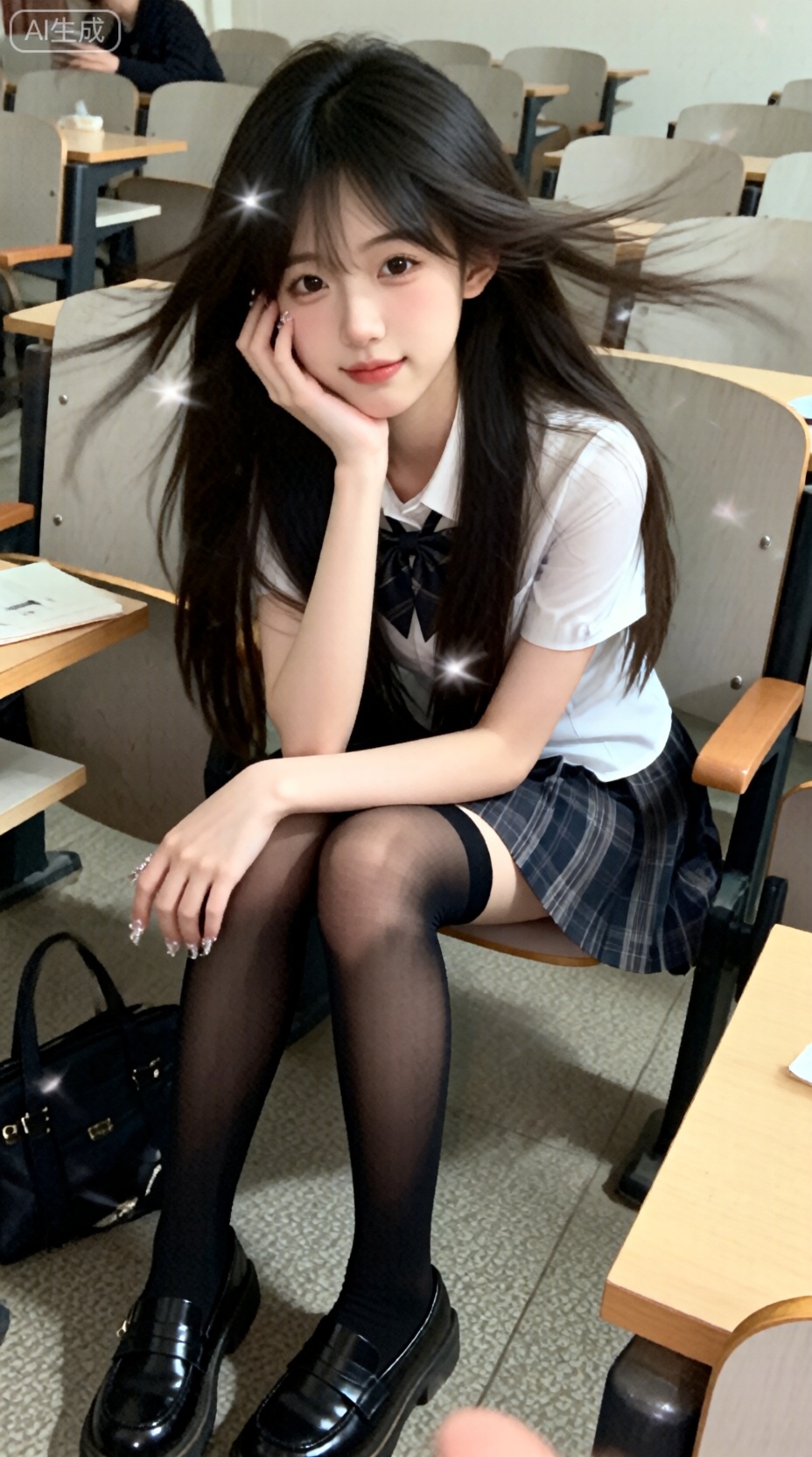 氛围感。轻松的感觉,超低分辨率,日常快照有噪音,没有特定的构图和灯光,随意拍摄的感觉,一个长发女孩,她白皙皮肤显得清透自然。坐在阶梯教室座位上,发呆卖萌,可爱。穿着JK白衬衫和格纹短裙,还有黑色连裤袜和皮鞋。