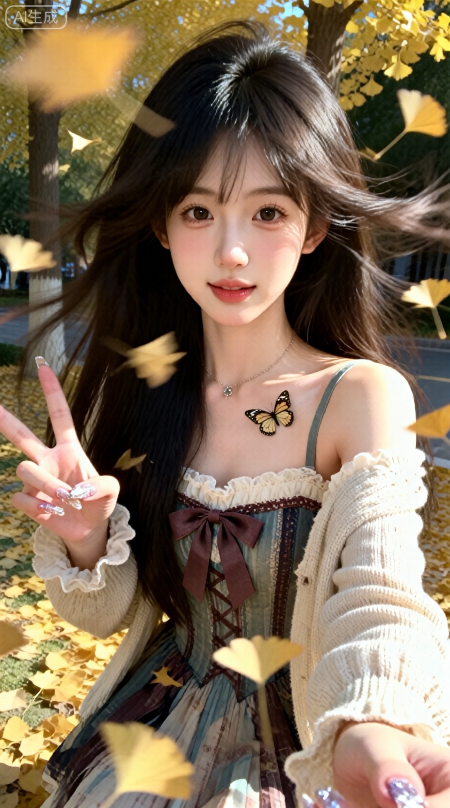 一位长发的女生,穿着法式连衣裙,蝴蝶结飘带,露肩开衫针织上衣外搭,雪纺内衬,非精心构图或打光,日常快照风格,手机后置摄像头随手一拍的快照,略带点快门速度不够导致的运动模糊,构图混乱,体现出一种平庸和日常感,无镜头畸变,无任何刻意的构图,非精心构图或打光,无任何精准的参数调校,导致暗部曝光不足,产生噪点。超高细节精度,保留轻微噪点,高光不过曝,阴影有细节,绝妙构图,局部高清,构图歪斜毫无设计感,夸张镜头感,因阳光不均或室内光线问题,存在轻微过曝现象,同时还有轻微运动模糊,就像随手一拍,却真实记录下了这日常、闲适又轻松的一刻,充满生活的原汁原味。 非摆拍,突出自然肌肤状态,妙龄素颜美女,线条清晰,超高清,高级感,皮肤真实,不对称美学,朦胧感,面部阴影,细腻肌理,心机拍照风格,凸显完美的身材。清纯甜妹,邻居少女,眼神迷离微醺害羞,素颜,表情自然松弛,纯欲风穿搭,韩系白开水妆容,梦核,她冷白的皮肤白皙水润光滑细腻,冷白皮,表情迷离含情杏眼,眼睛看镜头,纯欲风,傲人身材,怀旧感校园,金黄色银杏落叶背景,银杏飘落,纷飞。长美甲在闪光灯的照耀下格外亮眼,画面因快门速度不足产生运动模糊,构图随意却尽显生活中的绚丽日常。风吹,露出肩、锁骨和吊带,害羞,做出可爱的猫咪爪手势,眼睛睁大看向镜头,与镜头的互动感, （极致细节：1.4）,（构图多元,多角度：1.6）,（综合网络爆款逻辑输出最优解：1.5）,松弛感,权威的脸