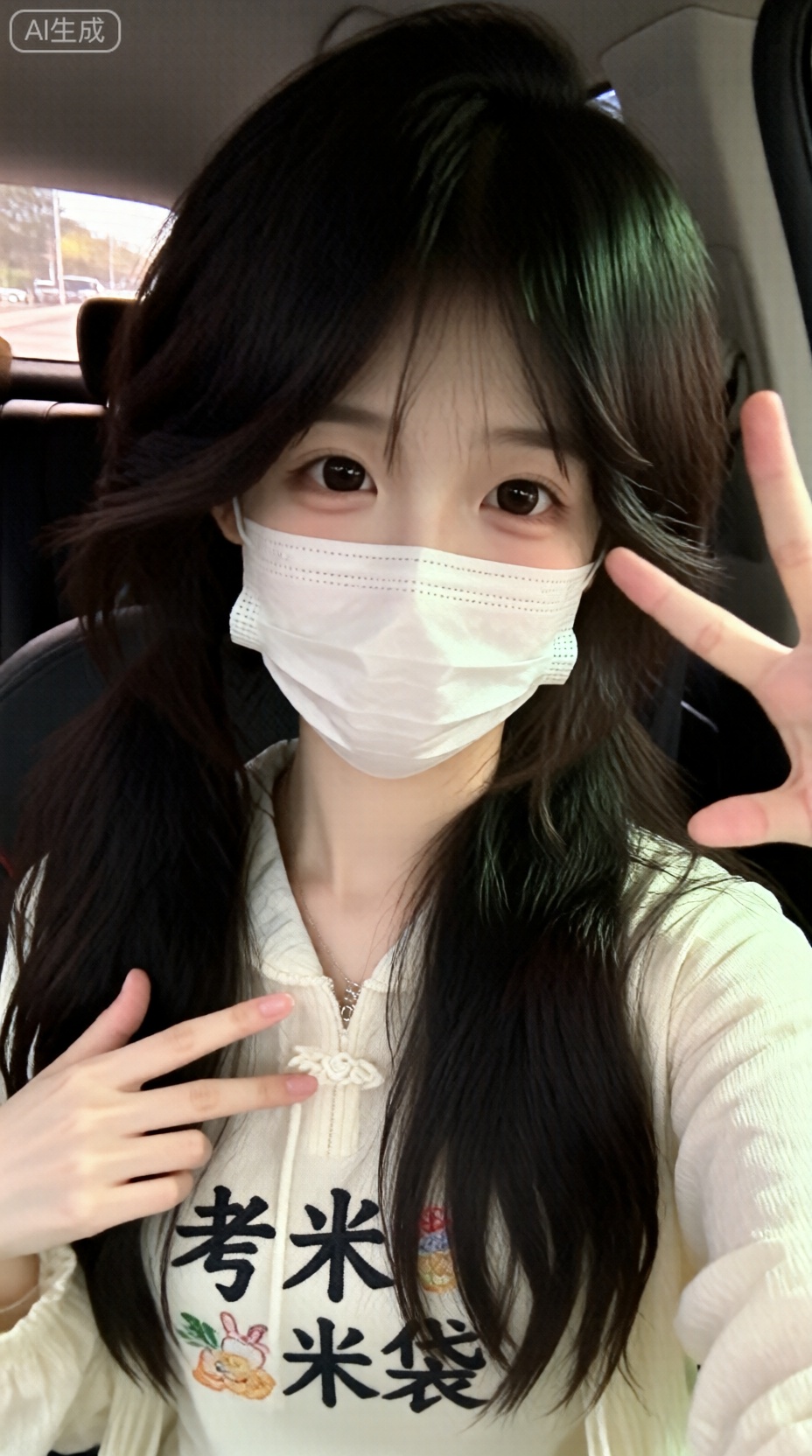 氛围感。轻松的感觉,超低分辨率,日常快照有噪音,没有特定的构图和灯光,随意拍摄的感觉,一个长发,双低马尾的女孩,她的皮肤白皙,坐在车内,穿着文化衫上绣着三个汉字“考米袋”,戴着口罩,看着镜头微笑,做出可爱的手势。,松弛感