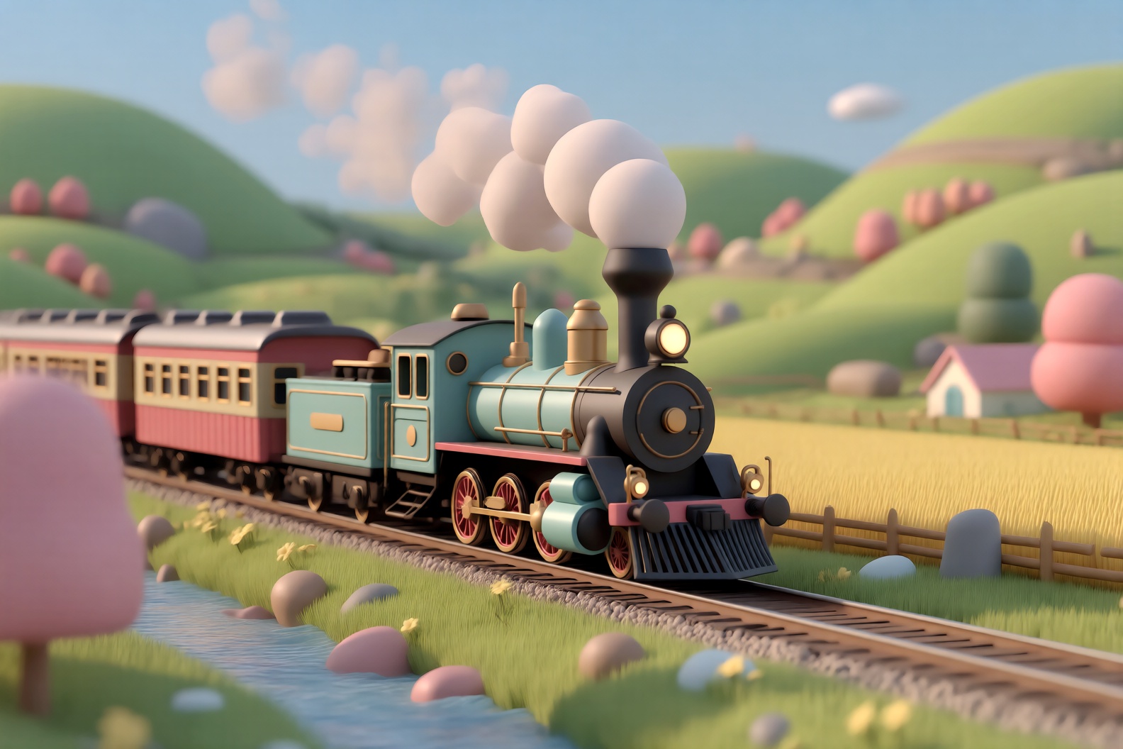 ff-pr,  create a 3D render of a steam train in a picturesque countryside setting. The train should be detailed with steam...