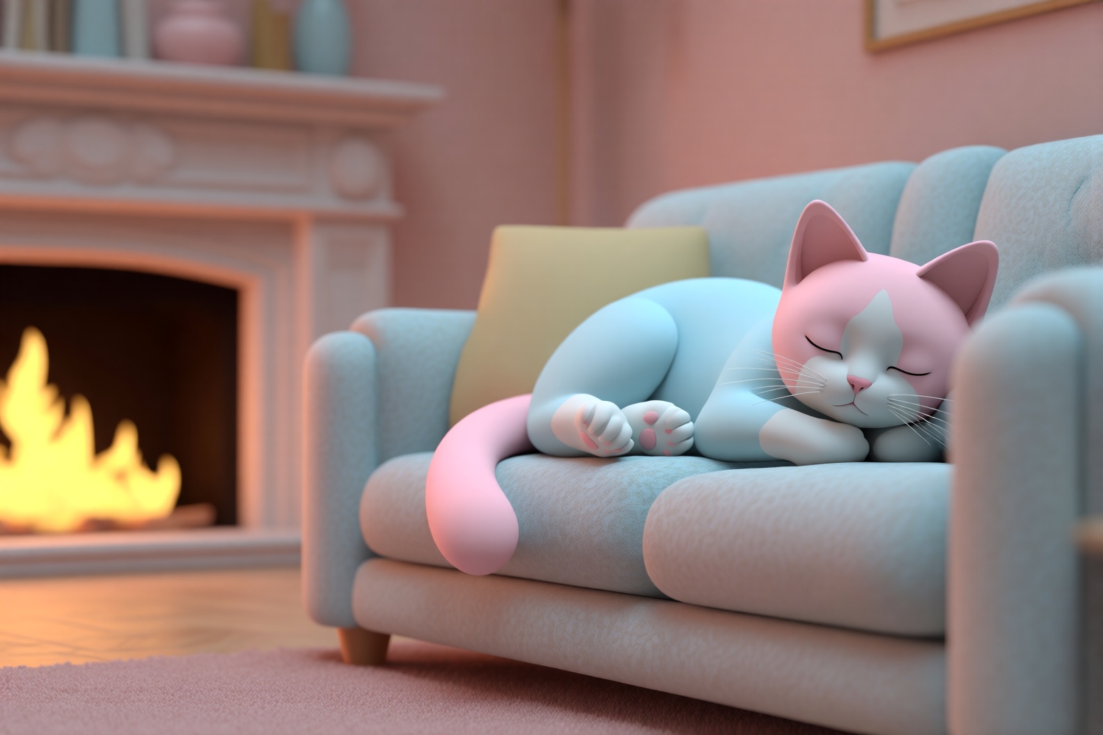 ff-pr,  create a 3D render of a cat sleeping on a sofa in a cozy living room setting. The cat should be in a relaxed,  dre...