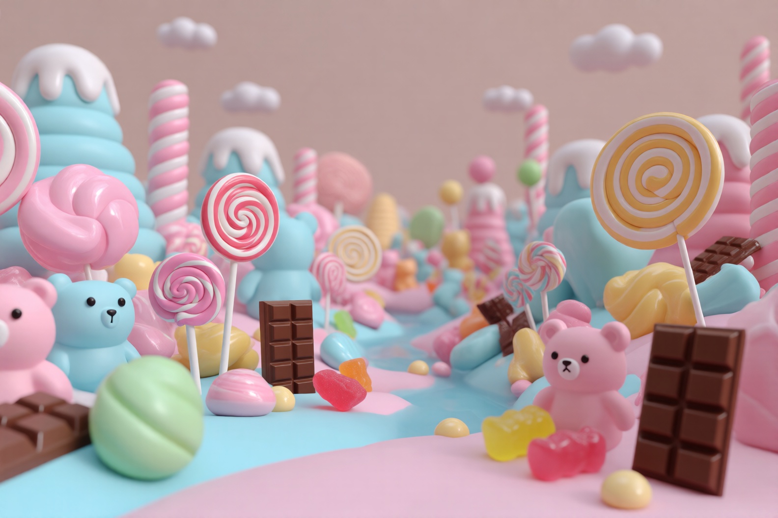 ff-pr,  create a 3D render of a candy landscape featuring vibrant,  sugary hues and whimsical shapes. Use a soft on Tensor...